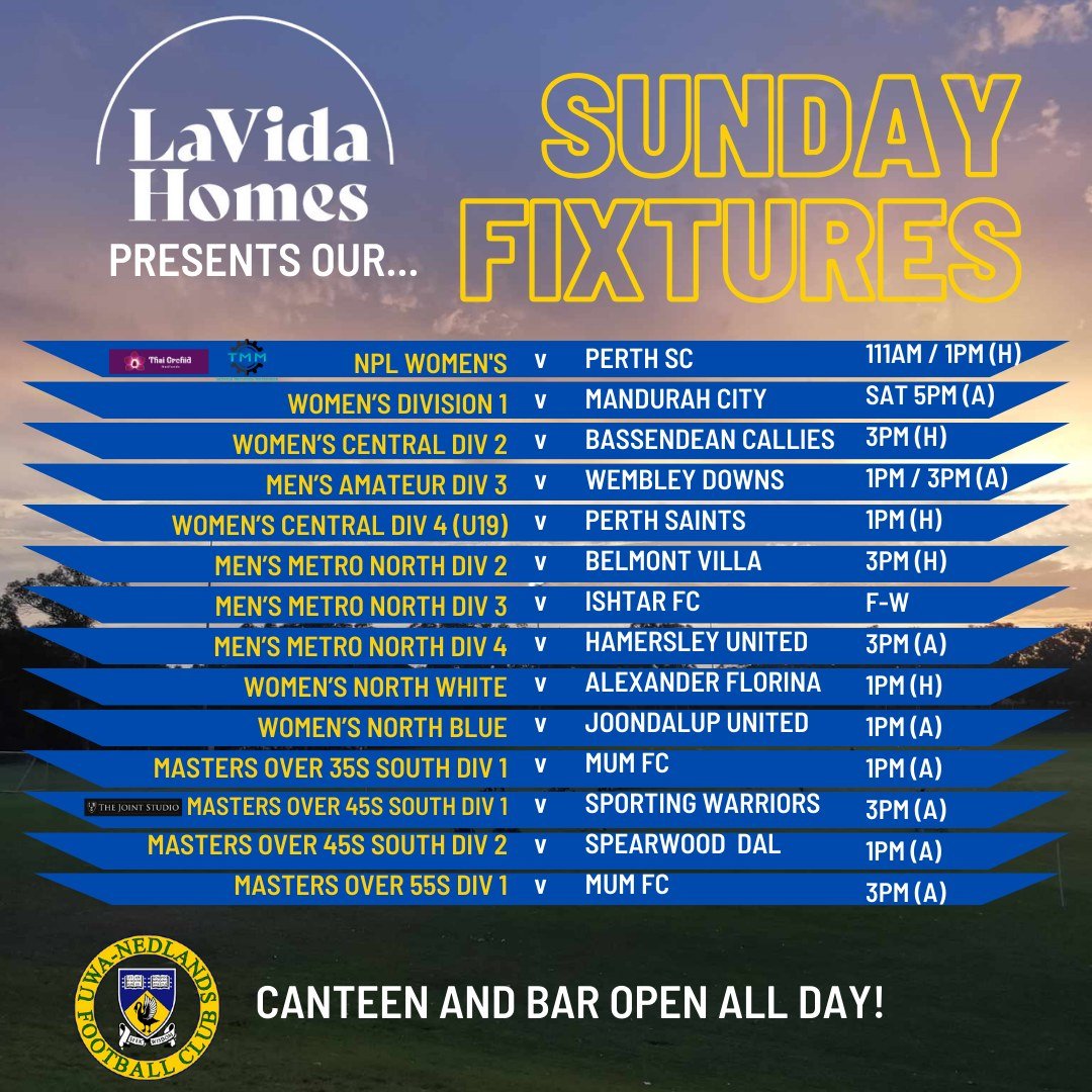 This Sunday's Fixtures presented by our Platinum Club Sponsor @la_vida_homes 

Best wishes to every team competing this weekend!