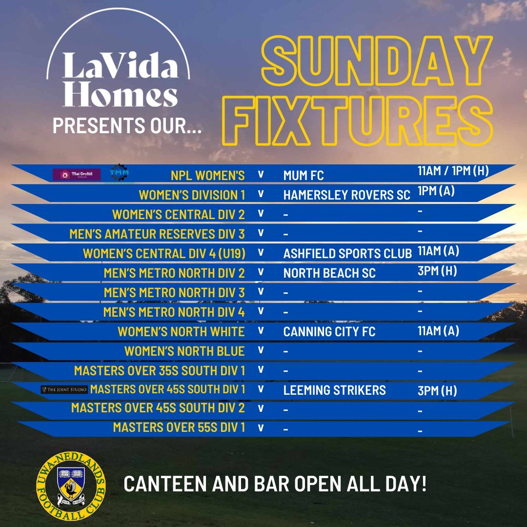 This Sunday's Fixtures presented by our Platinum Club Sponsor @la_vida_homes 

Let's crush it, teams!