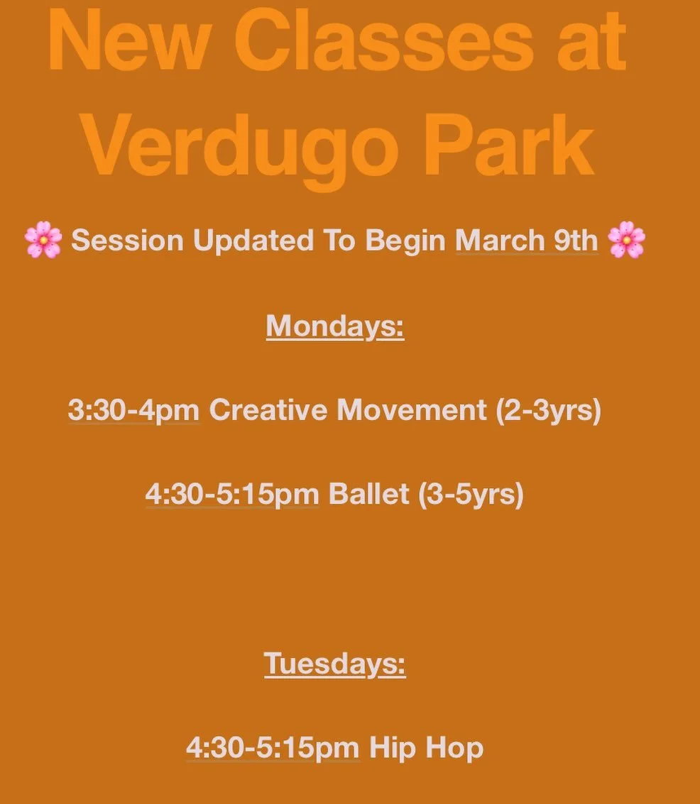 Updated schedule! Sign up on our website on the Verdugo Park Class tab 🌸
.
.
.
#dance #dancestudio #elevedance #ballet #hiphop