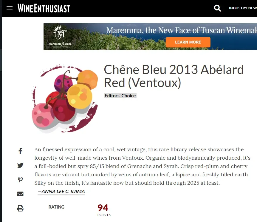 Wine Enthusiast - Chêne Bleu 2013 Abélard Red (Ventoux) Editors Choice