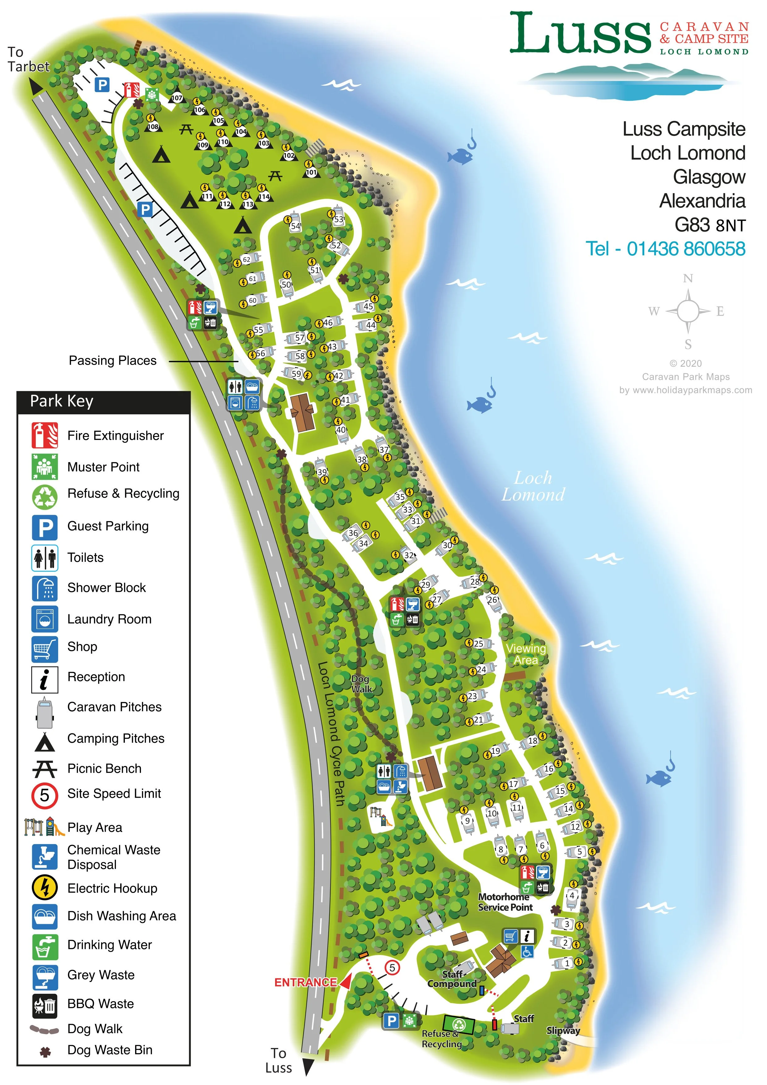 Map of Luss Caravan and Camp Site located by Loch Lomond, showing campsites, facilities, pathways, and points of interest with a legend and site details.