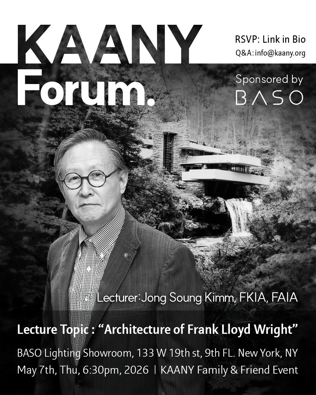 🏛️ [KAANY Architecture Forum] 김종성 건축가 강연

대한민국 현대 건축의 거장, 김종성 @jongsoung.kimm 건축가님(FKIA, FAIA)을 모시고 KAANY 포럼을 진행합니다.

Mies van der Rohe의 유일한 한국인 제자이자 &lsquo;보편적 공간(Universal Space)&rsquo; 철학을 평생 체화한 거장의 시선으로, 완벽한 대척점에 있는 Frank Lloyd Wright의 &lsquo;유