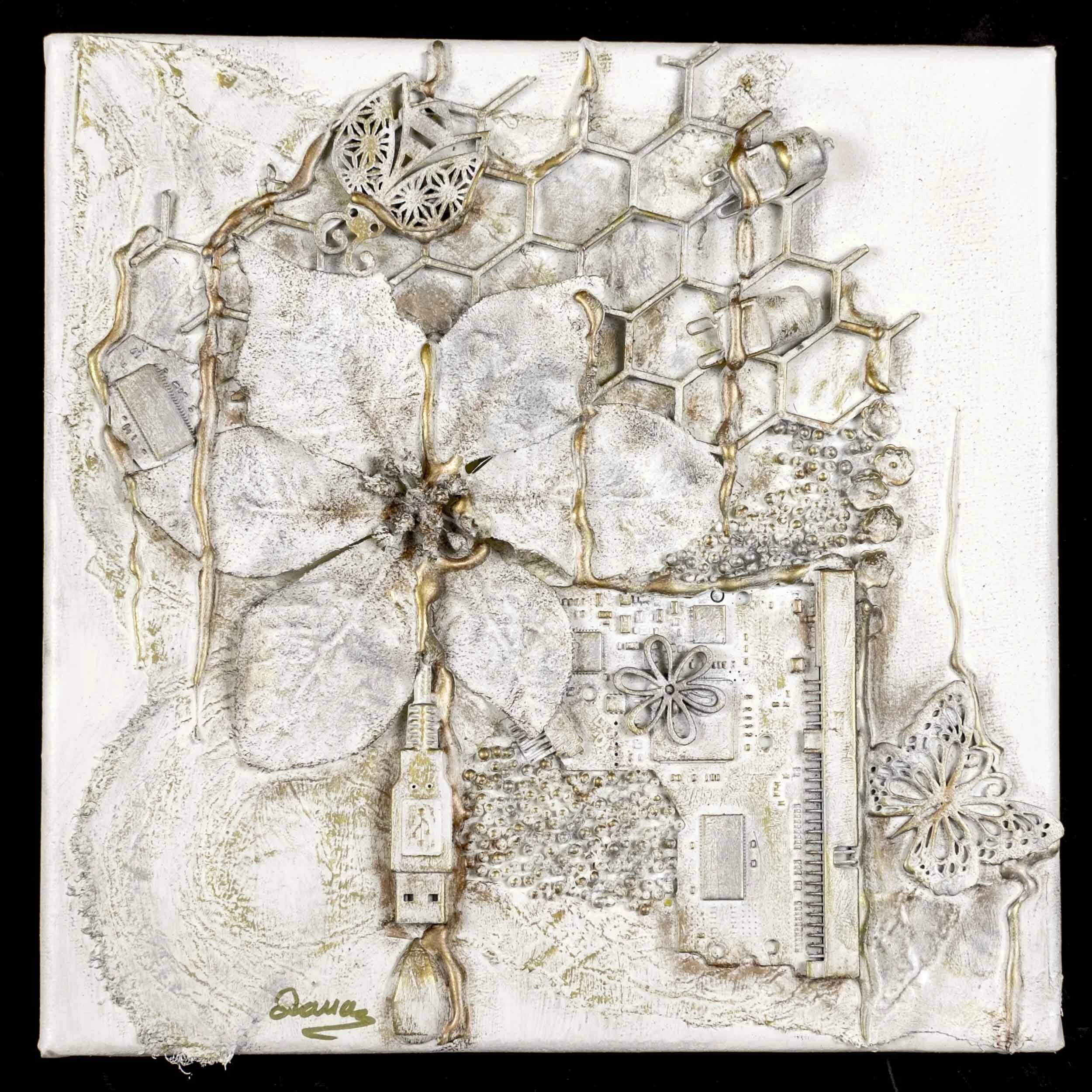 Nature and universal buses - 3D mixed media on canvas (12” x 12” white frame included)Price: $200 CAD