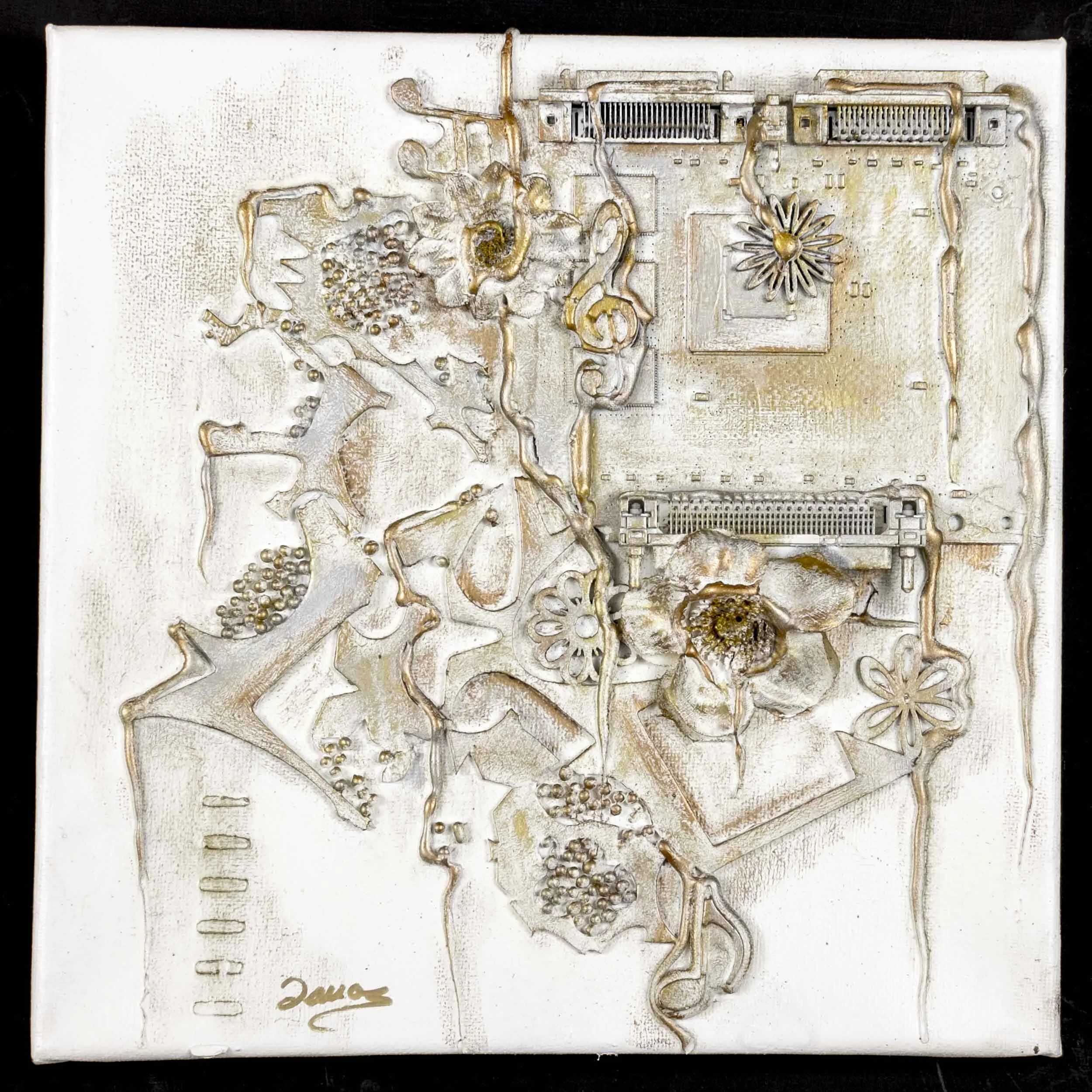 Flowers and ports - 3D mixed media on canvas (12” x 12” white frame included)Price: $200 CAD