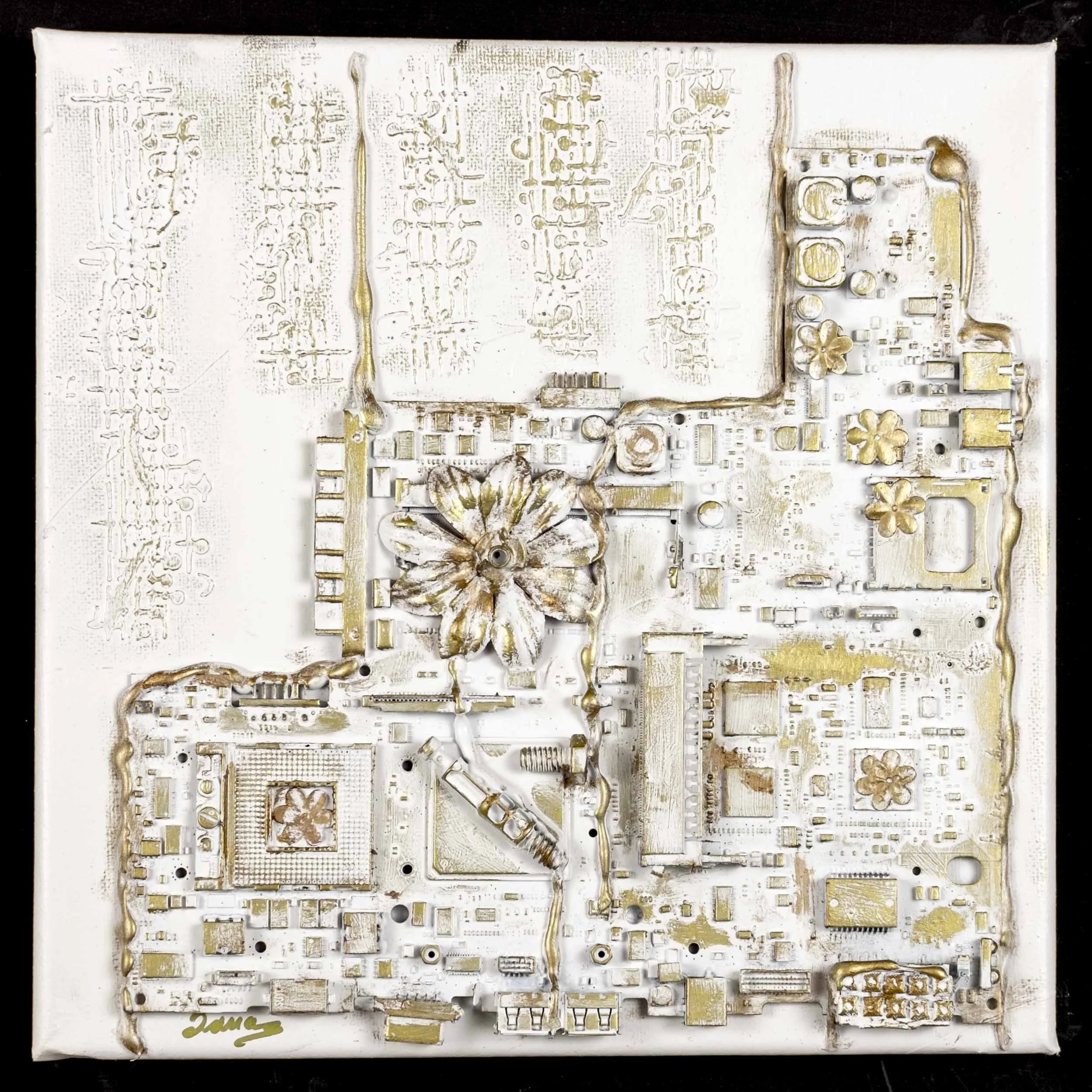 Bits and Chips - 3D mixed media on canvas (12” x 12” white frame included)Price: $200 CAD