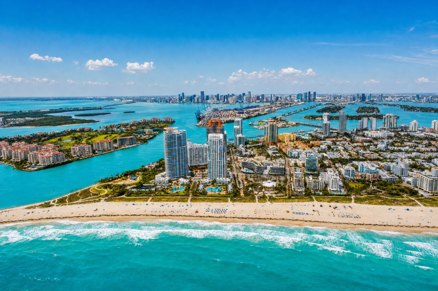 Aerial view of South Beach and the Miami Beach coastline from a private airplane tour