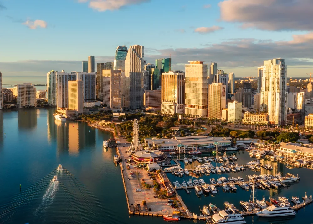 Aerial view of the Downtown Miami skyline and marina from a private airplane tour