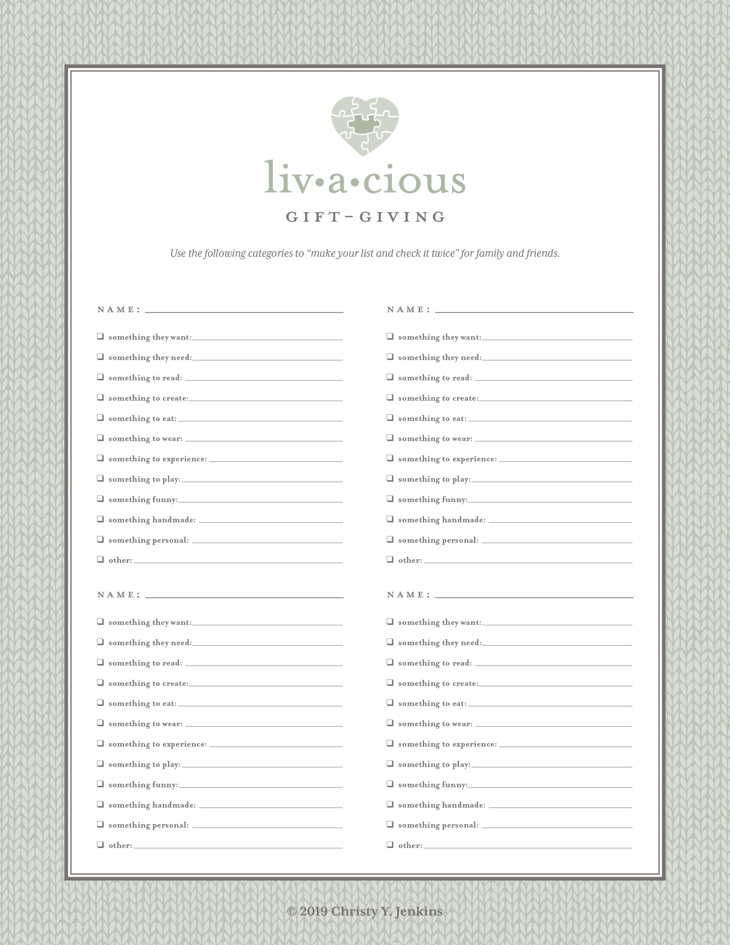 Livacious Gift Giving Worksheet