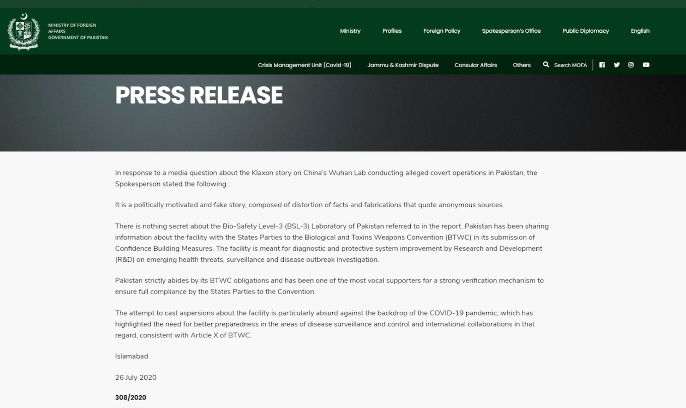 Statement from Pakistan Ministry of Foreign Affairs