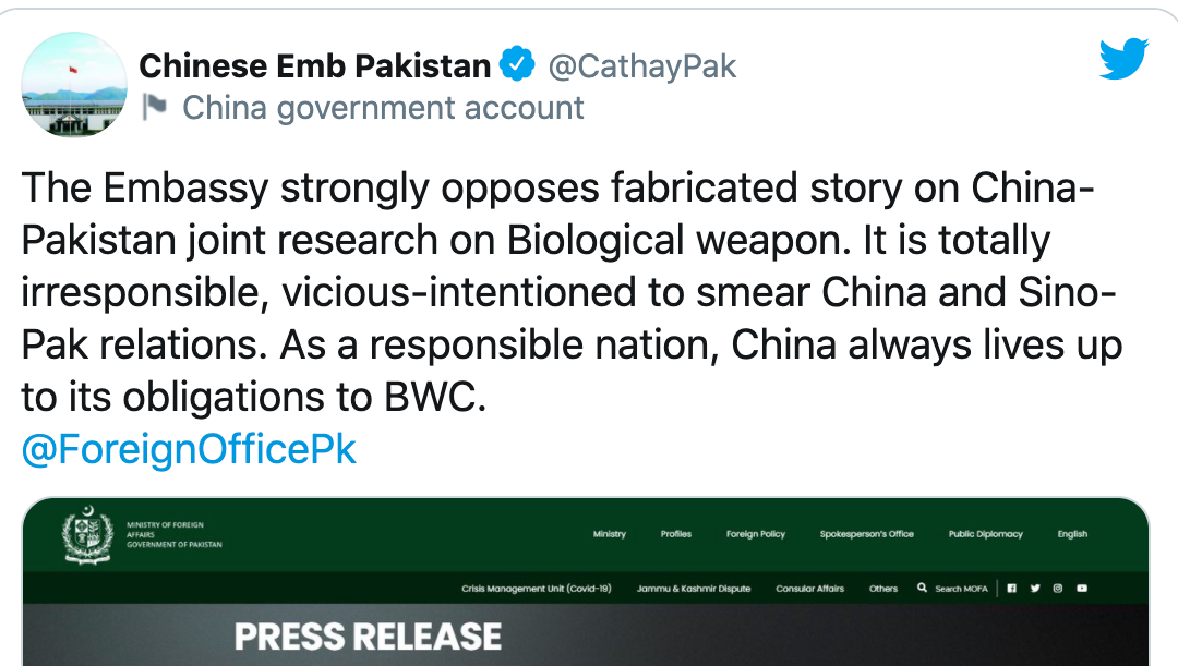 Tweet from the Chinese Embassy in Pakistan in response to The Klaxon expose