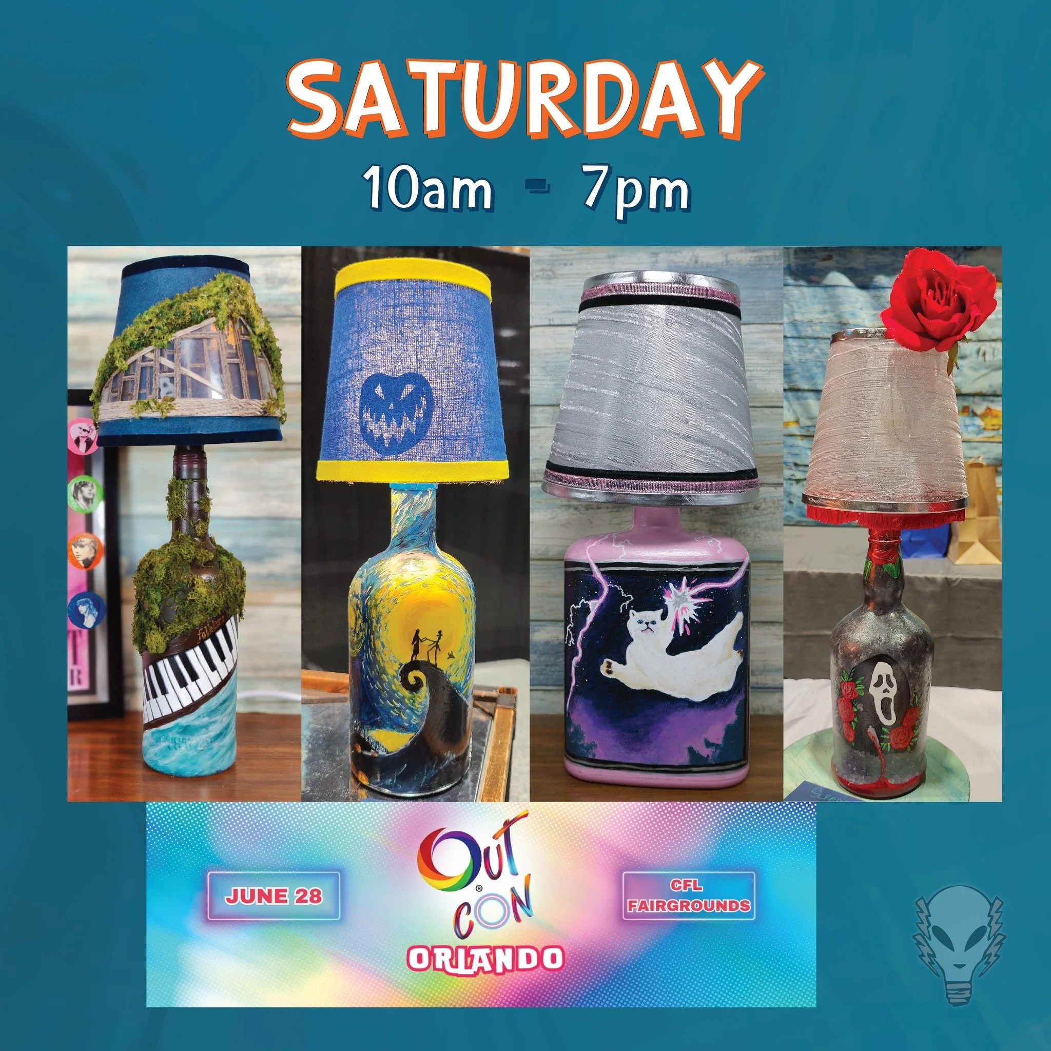 This Saturday, we will be at the #centralfloridafairgrounds at OUTCON from 10am-6pm. 
ALL lamp inventory will be at our booth and specialty priced. We have lamps featuring Taylor Swift, Chappell Roan, Horror icons, Superheroes, and much more.
Take ho