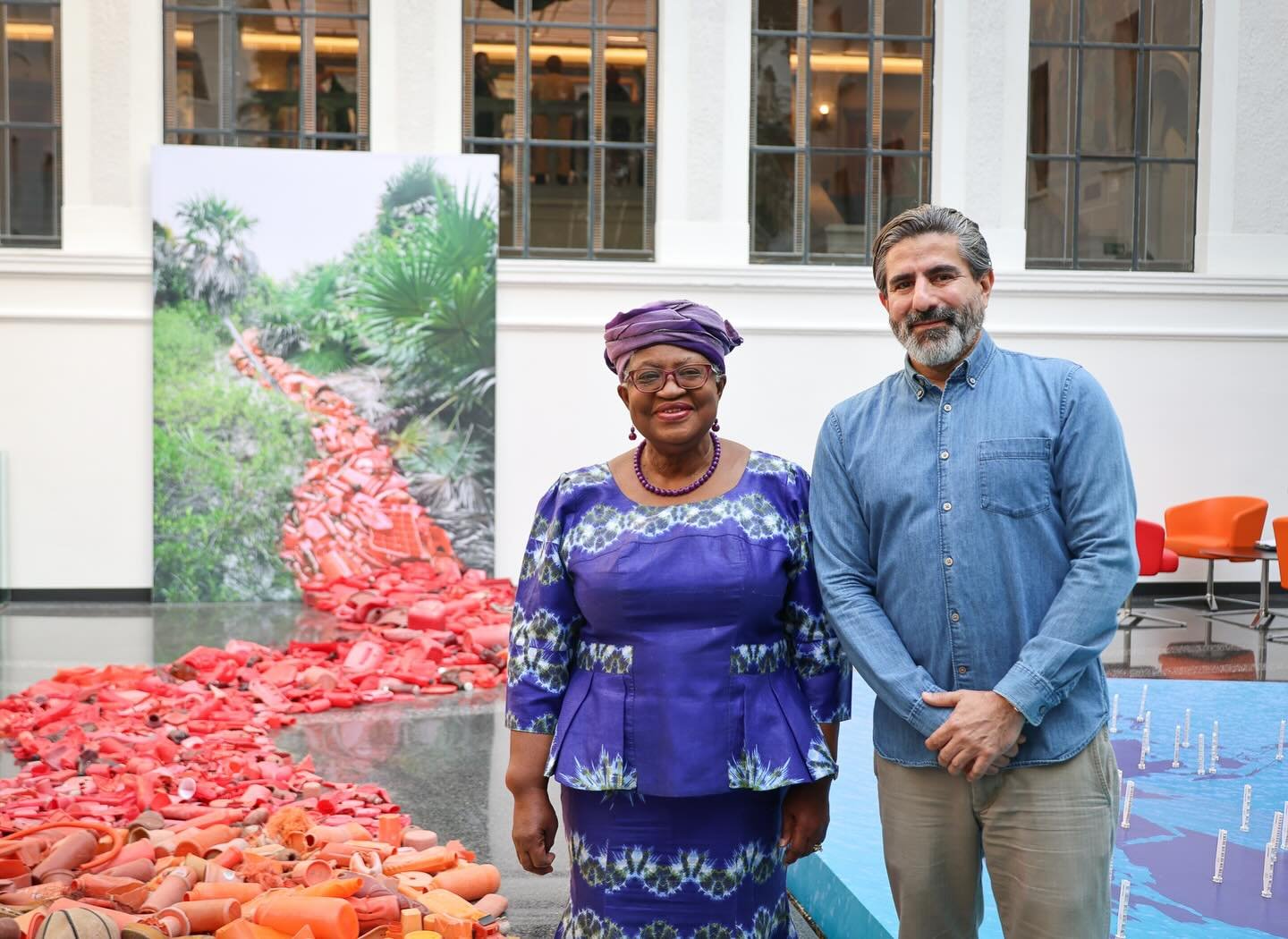 Honored to connect with so many changemakers at the WTO&rsquo;s Trade and Environment Week in Geneva a couple weeks ago. The highlight? Getting to chat with Director General Ngozi Okonjo-Iweala about the installation - her reaction to seeing the work