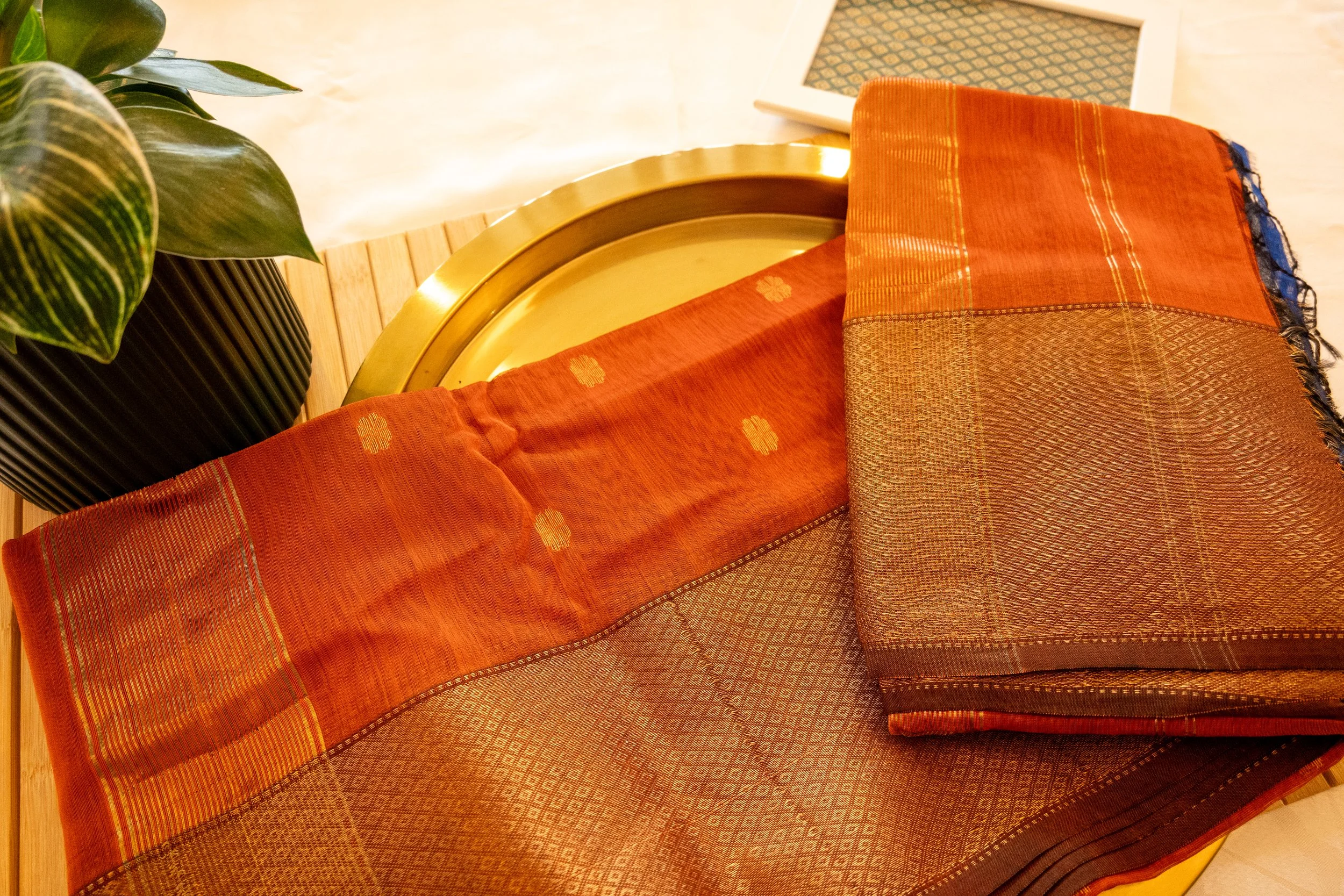 Autumn Orange in Maheshwari weave - Nadhi | The Saree Store