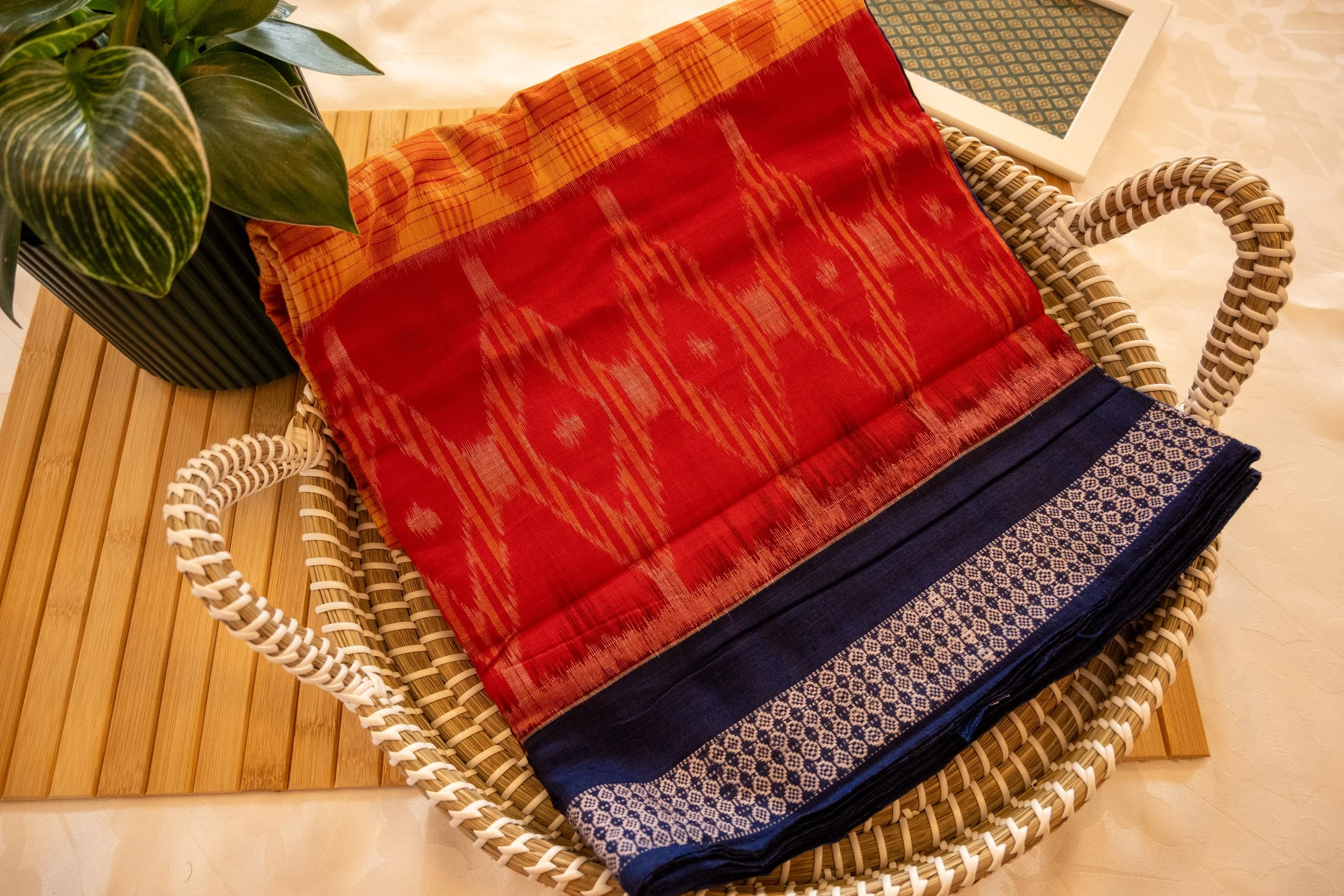 Spanish crimson with blue border Sambalpuri weave - Nadhi | The Saree Store