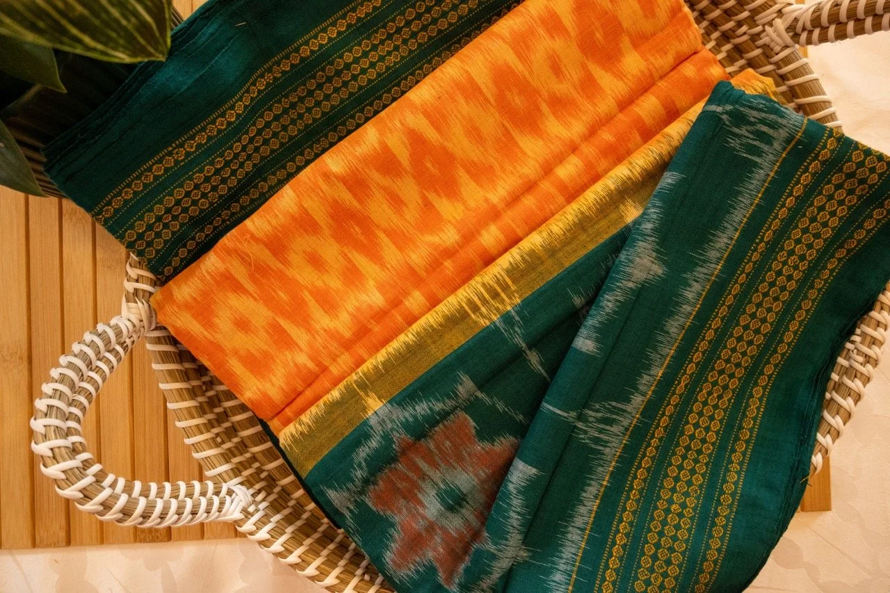 Peacock green with orange border Sambalpuri weave - Nadhi | The Saree Store