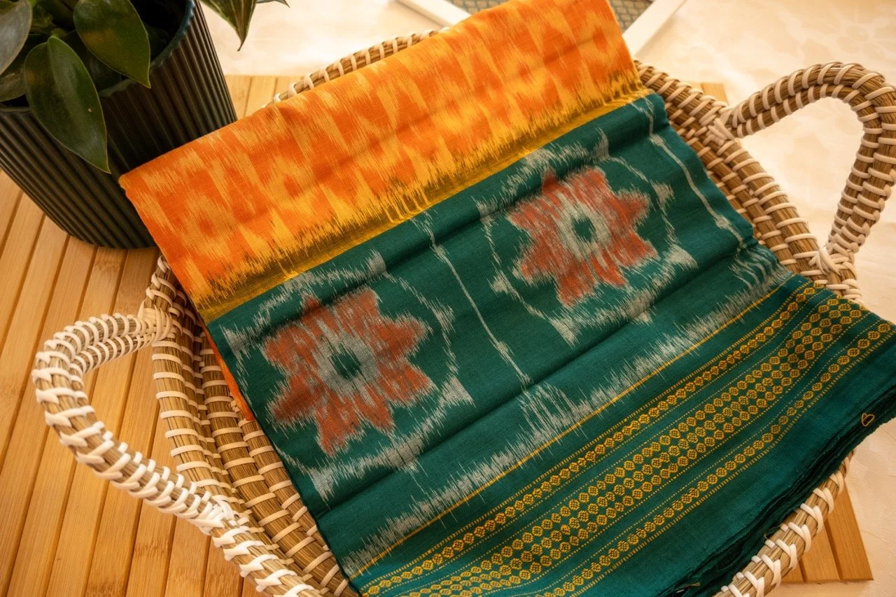 Peacock green with orange border Sambalpuri weave - Nadhi | The Saree Store