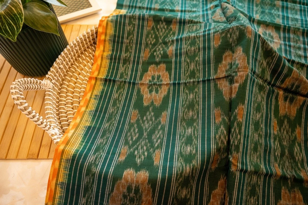 Peacock green with orange border Sambalpuri weave - Nadhi | The Saree Store