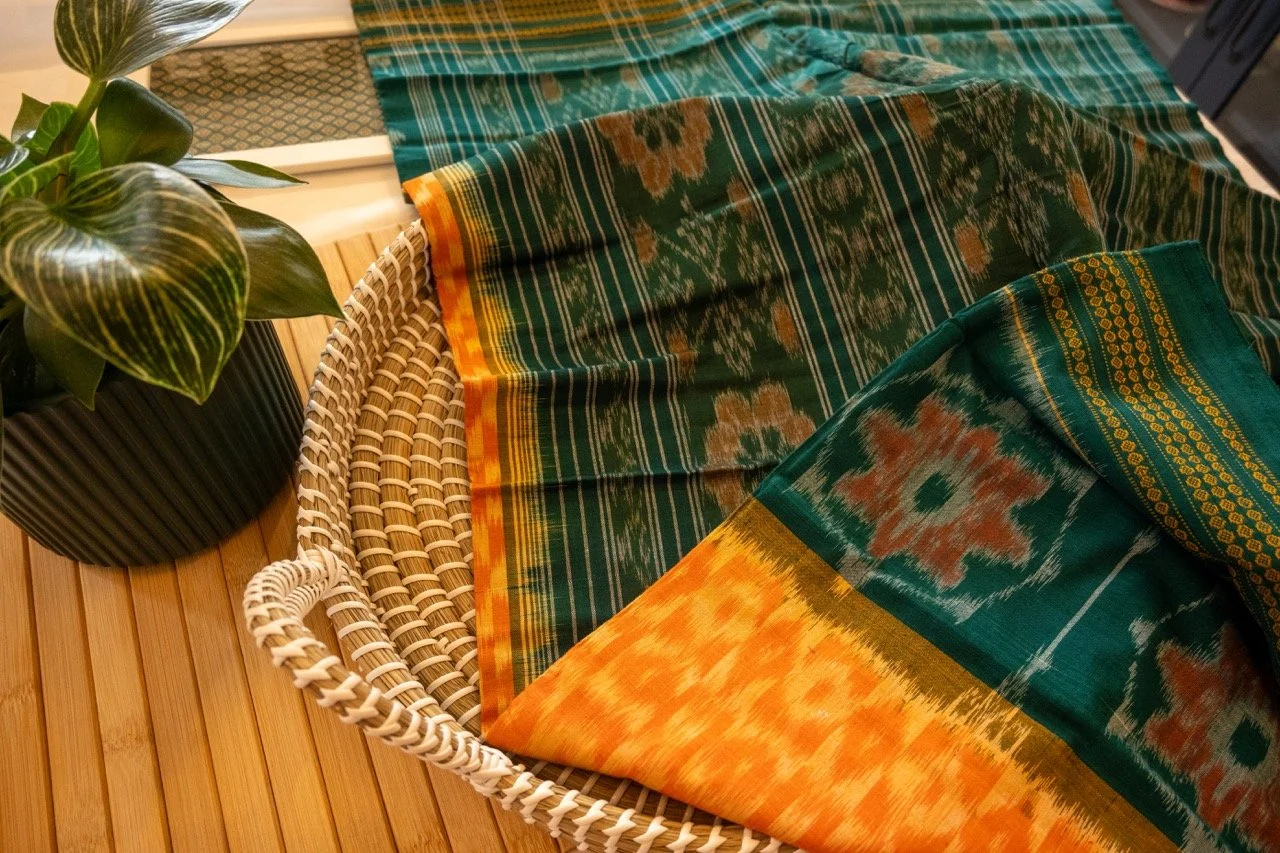Peacock green with orange border Sambalpuri weave - Nadhi | The Saree Store