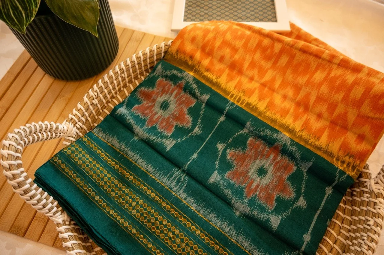 Peacock green with orange border Sambalpuri weave - Nadhi | The Saree Store