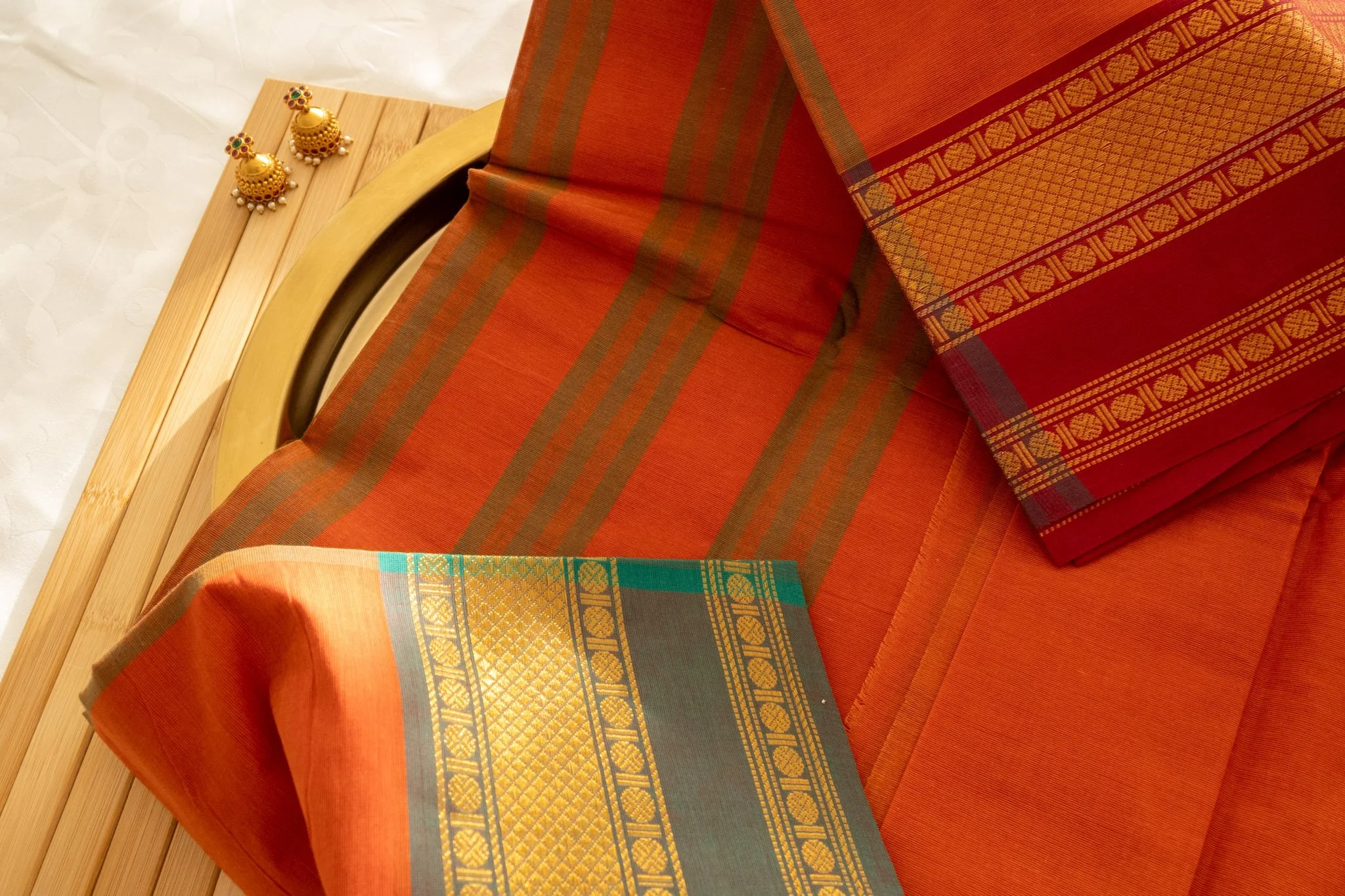 Rust orange with grey green border - Nadhi | The Saree Store