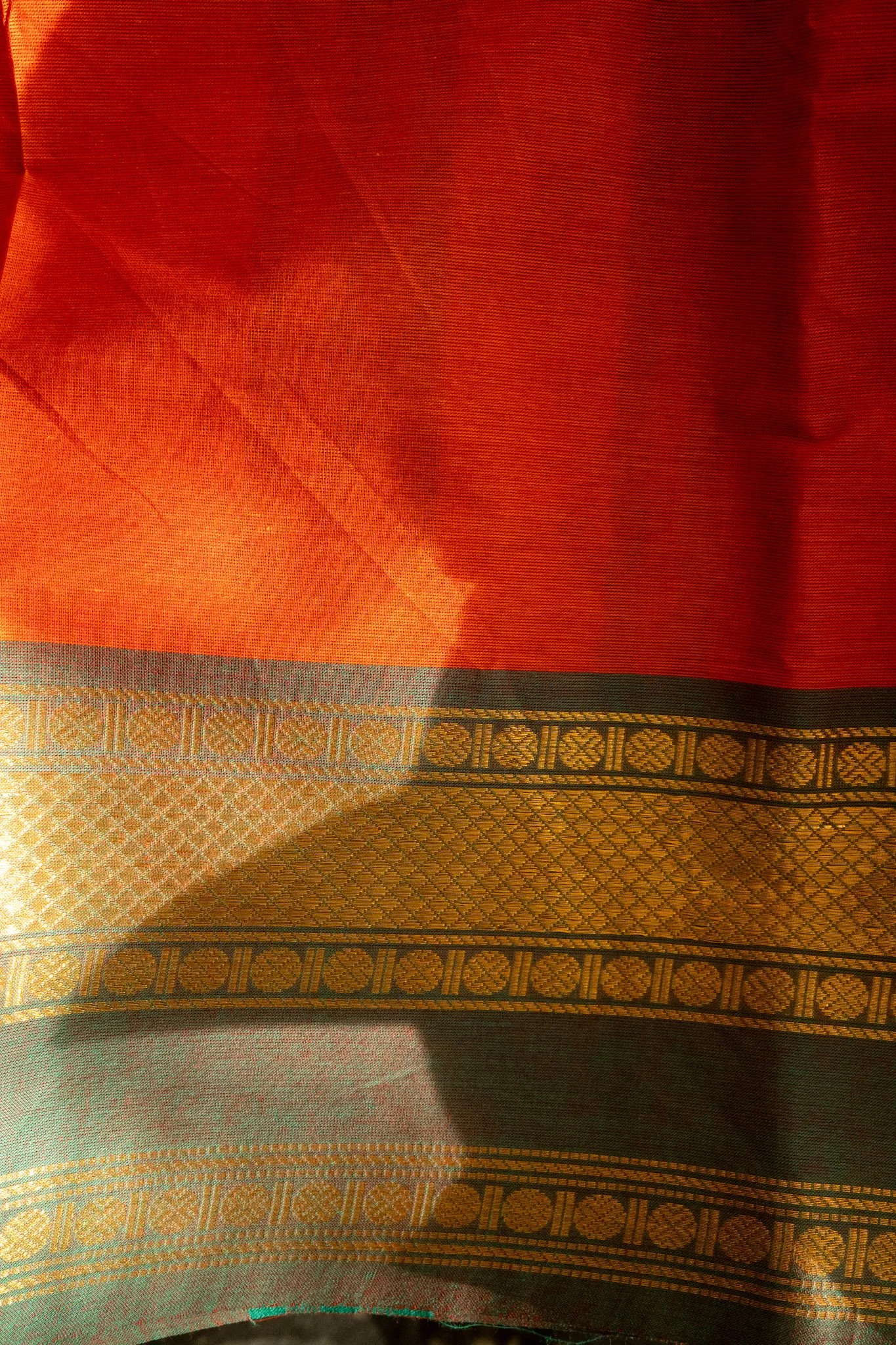 Rust orange with grey green border - Nadhi | The Saree Store