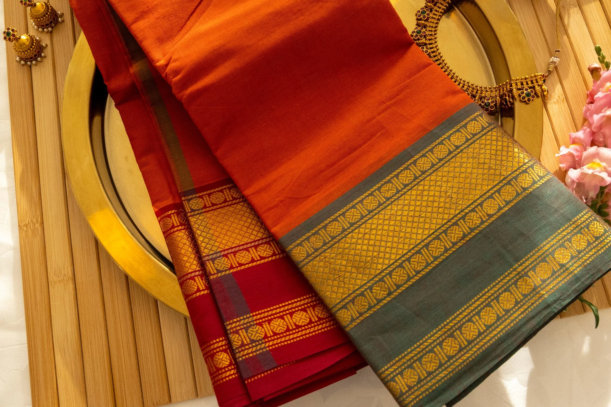 Rust orange with grey green border - Nadhi | The Saree Store