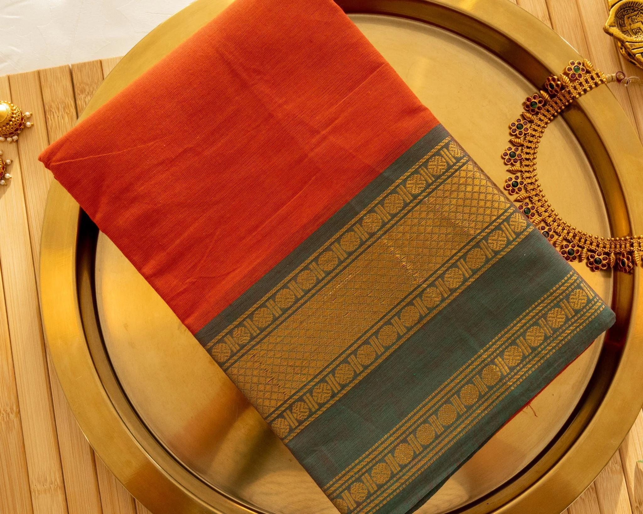 Rust orange with grey green border - Nadhi | The Saree Store