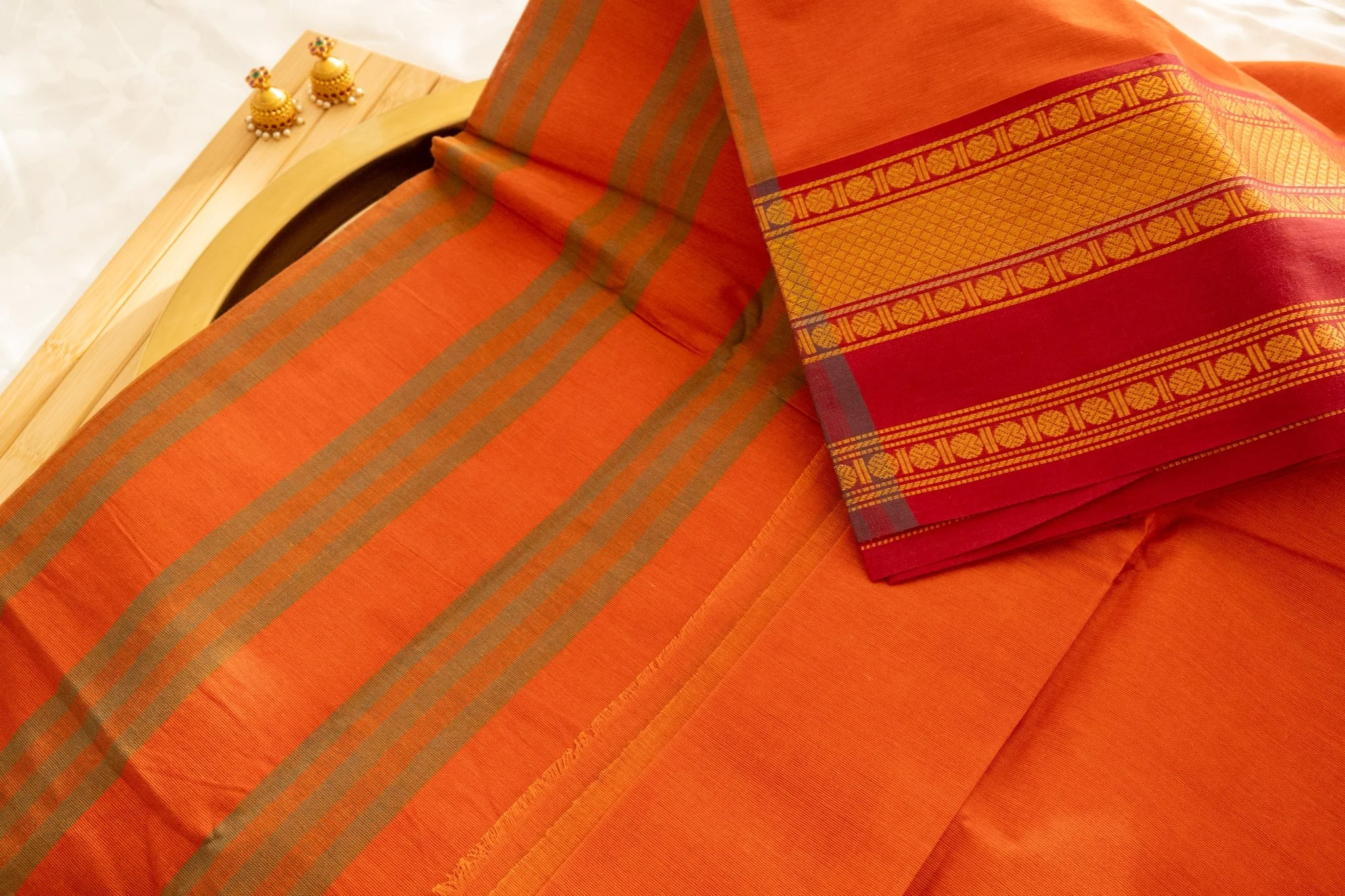 Rust orange with grey green border - Nadhi | The Saree Store