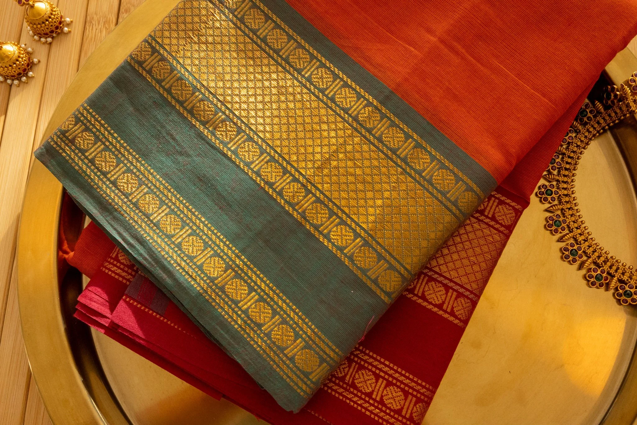 Rust orange with grey green border - Nadhi | The Saree Store