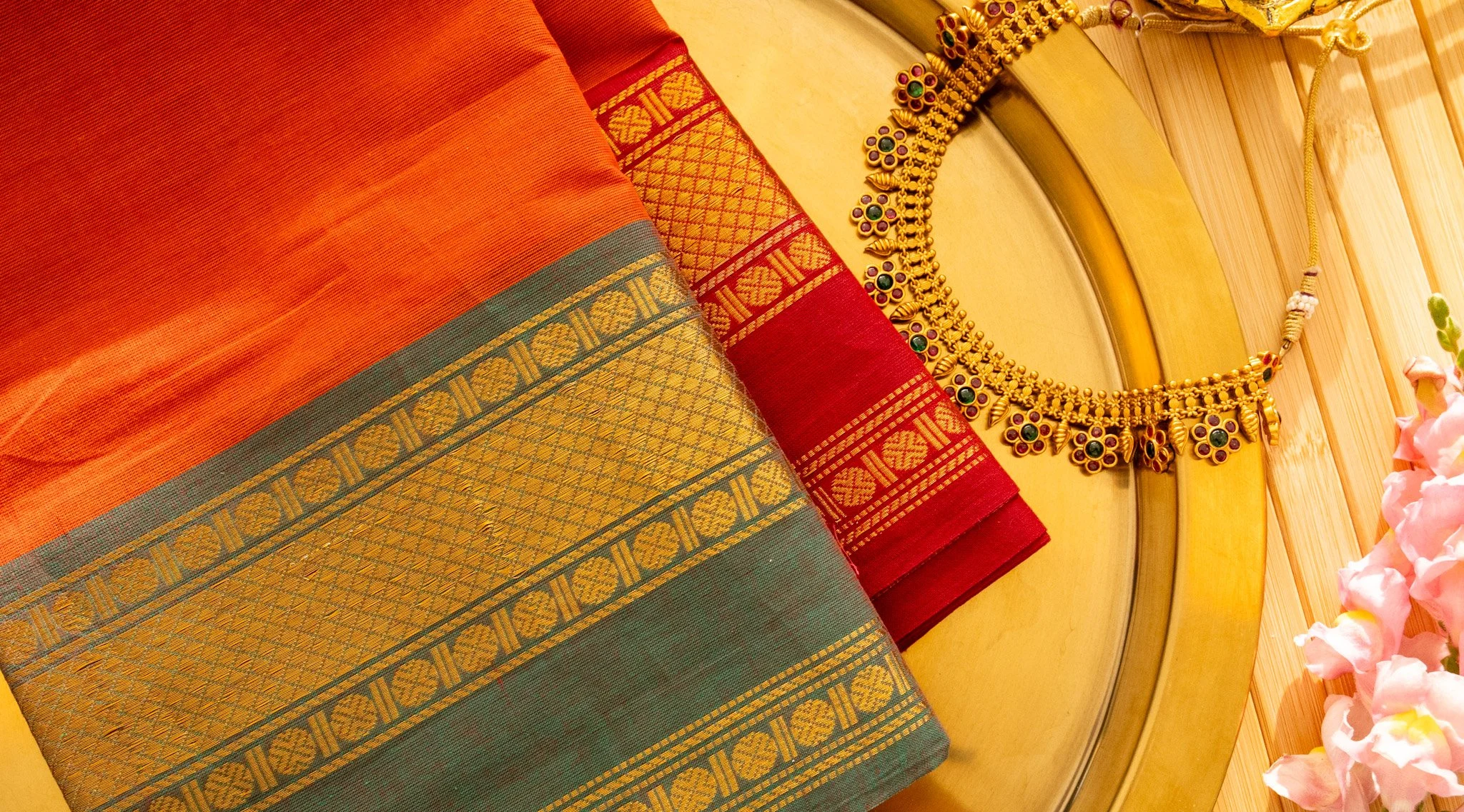 Rust orange with grey green border - Nadhi | The Saree Store