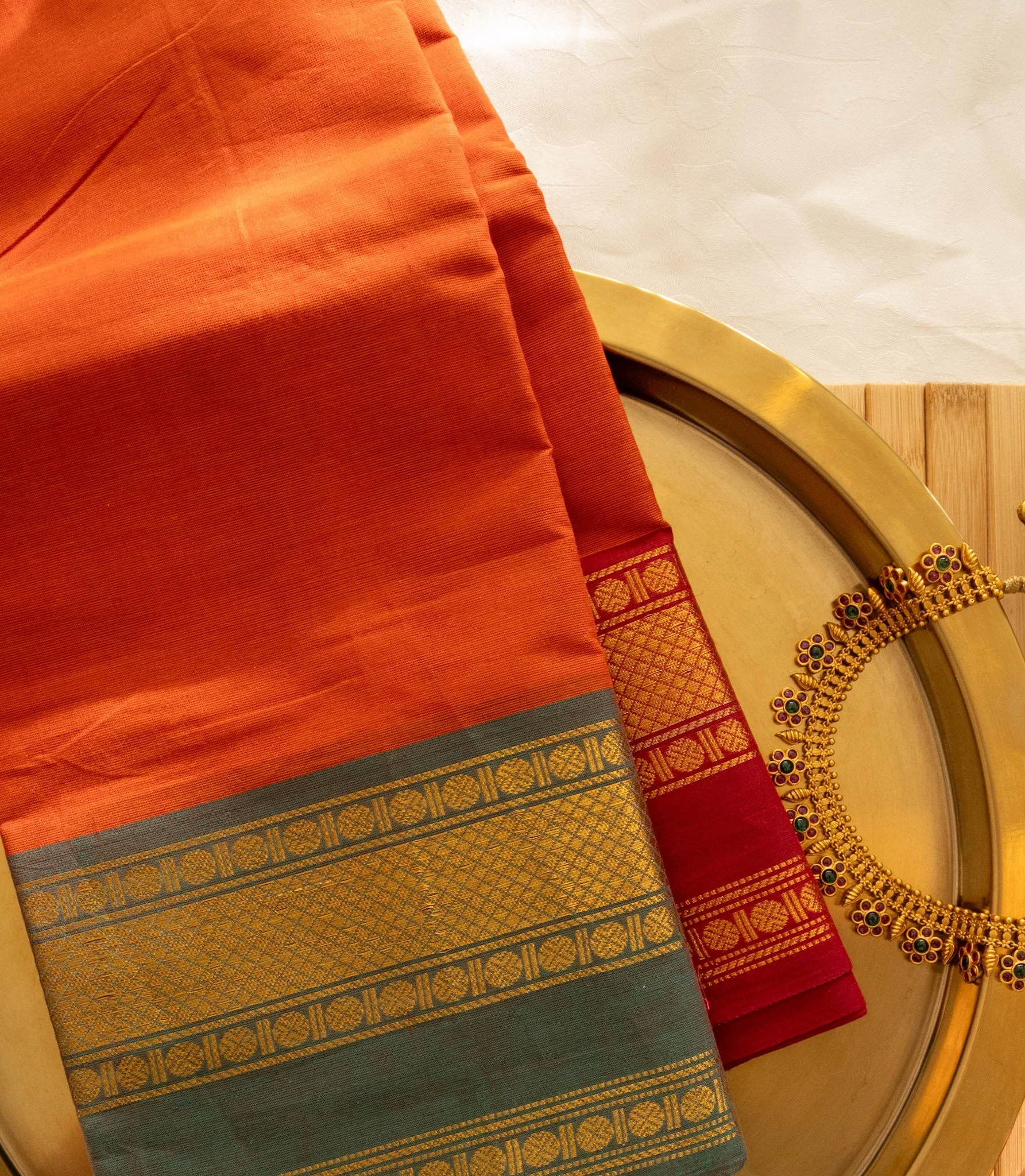 Rust orange with grey green border - Nadhi | The Saree Store