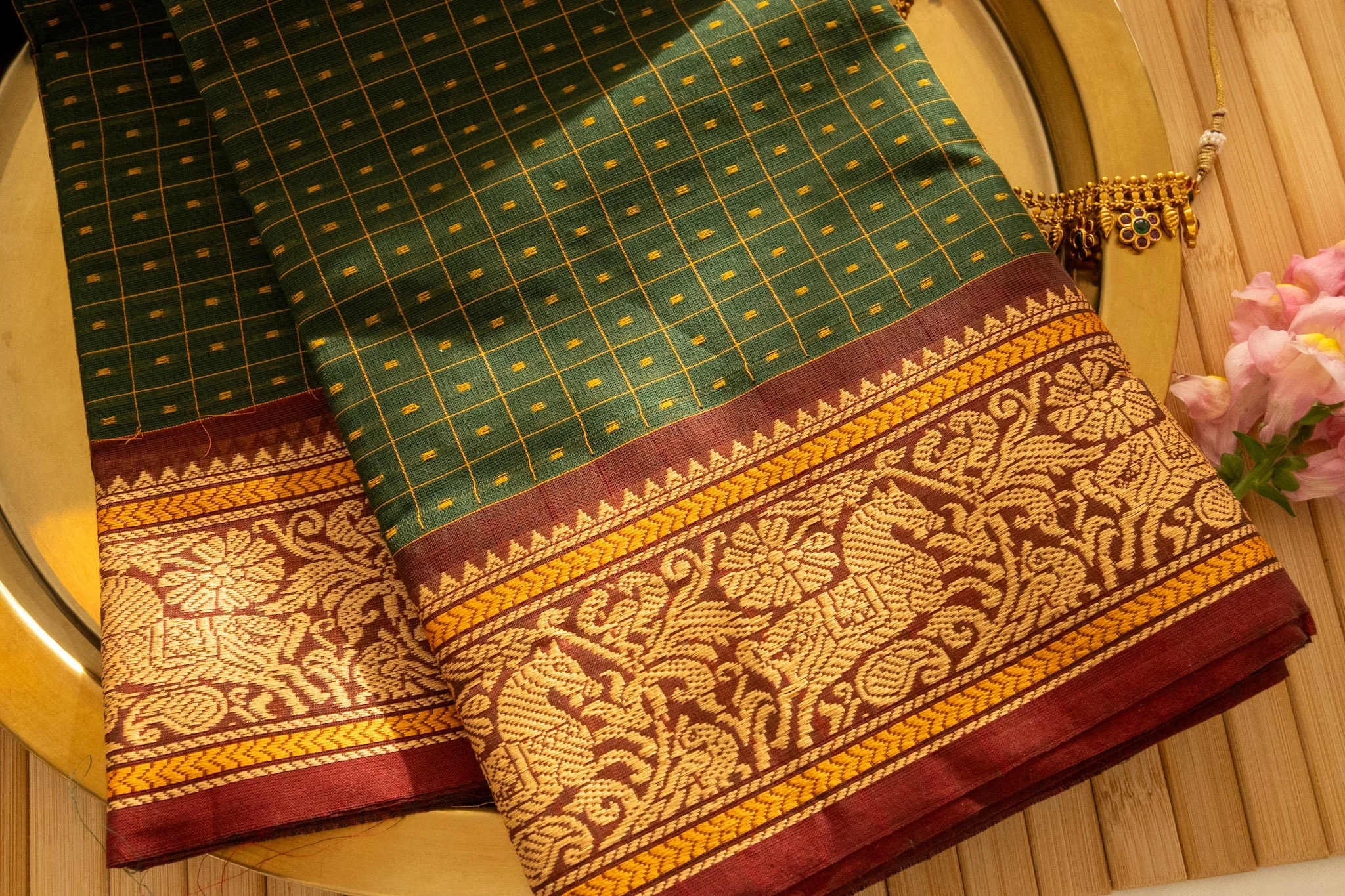 Bottle green with maroon border - Nadhi | The Saree Store