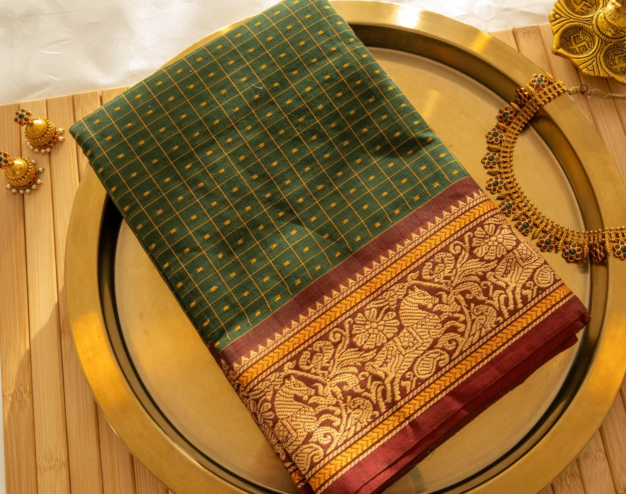 Bottle green with maroon border - Nadhi | The Saree Store