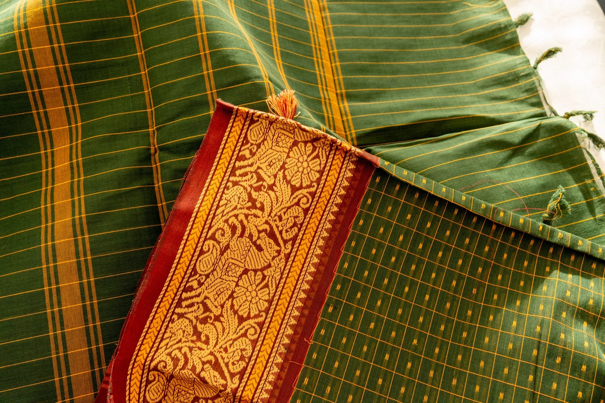 Bottle green with maroon border - Nadhi | The Saree Store