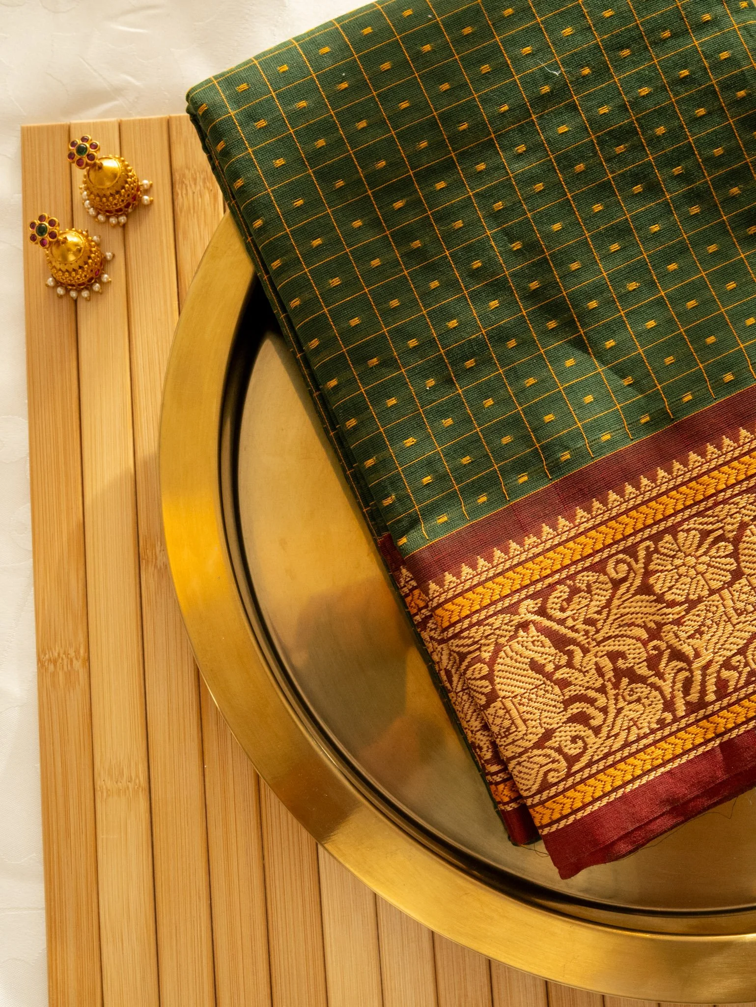 Bottle green with maroon border - Nadhi | The Saree Store