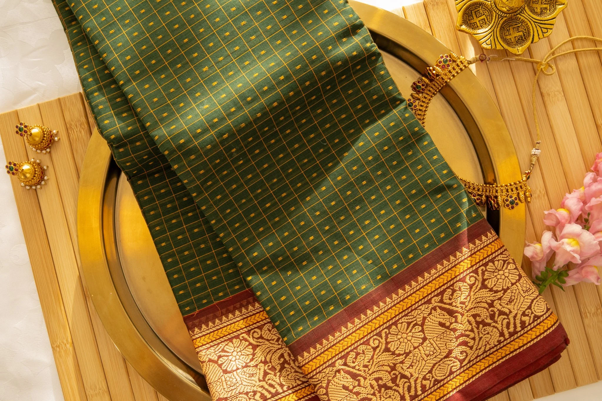 Bottle green with maroon border - Nadhi | The Saree Store
