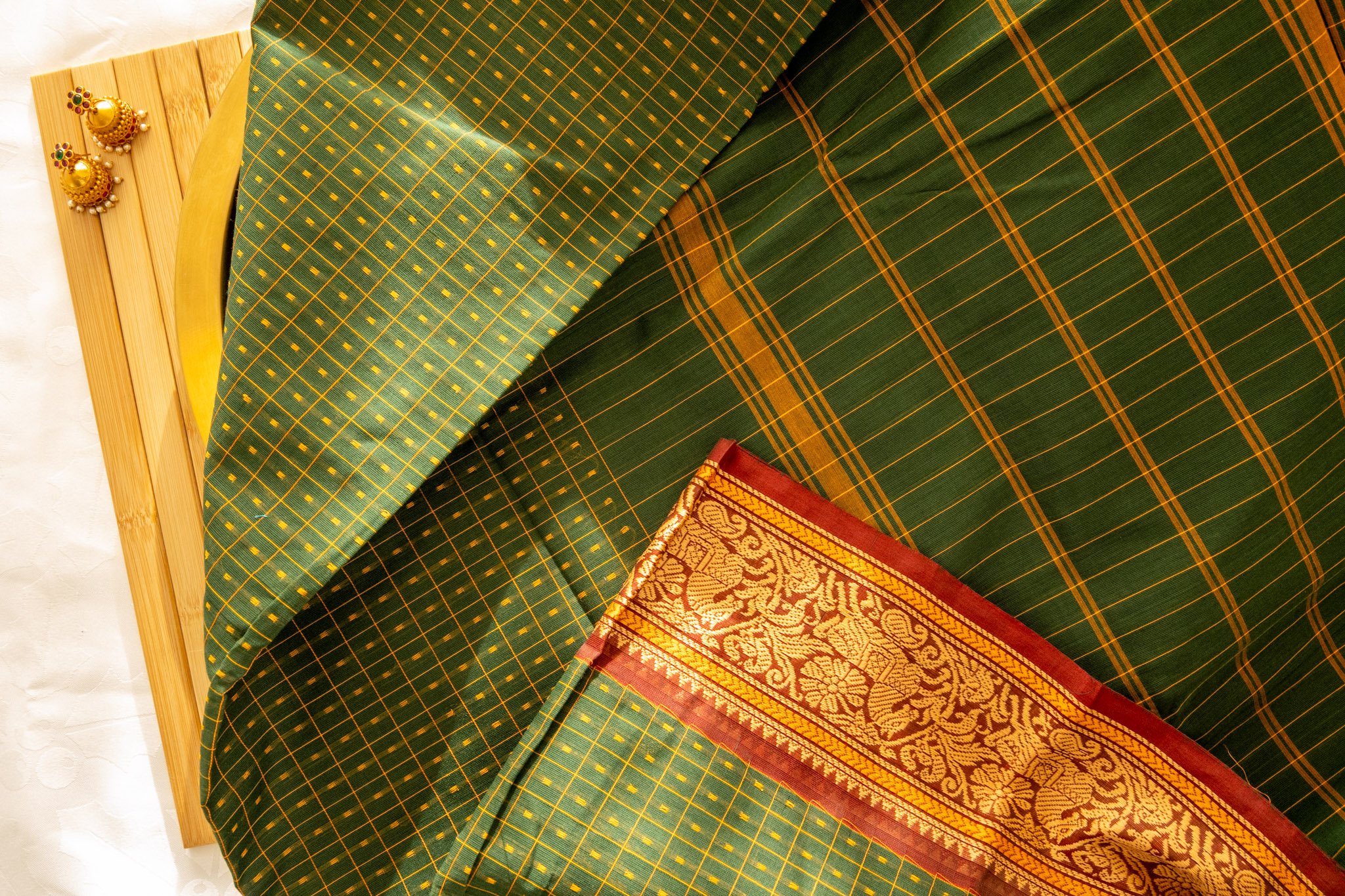 Bottle green with maroon border - Nadhi | The Saree Store