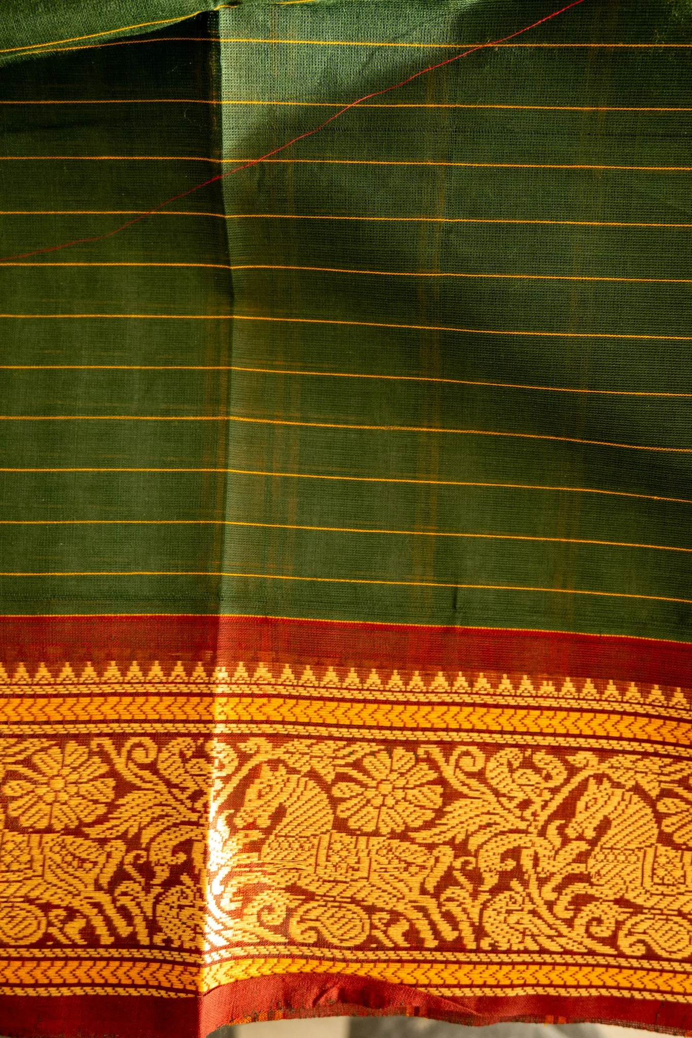 Bottle green with maroon border - Nadhi | The Saree Store