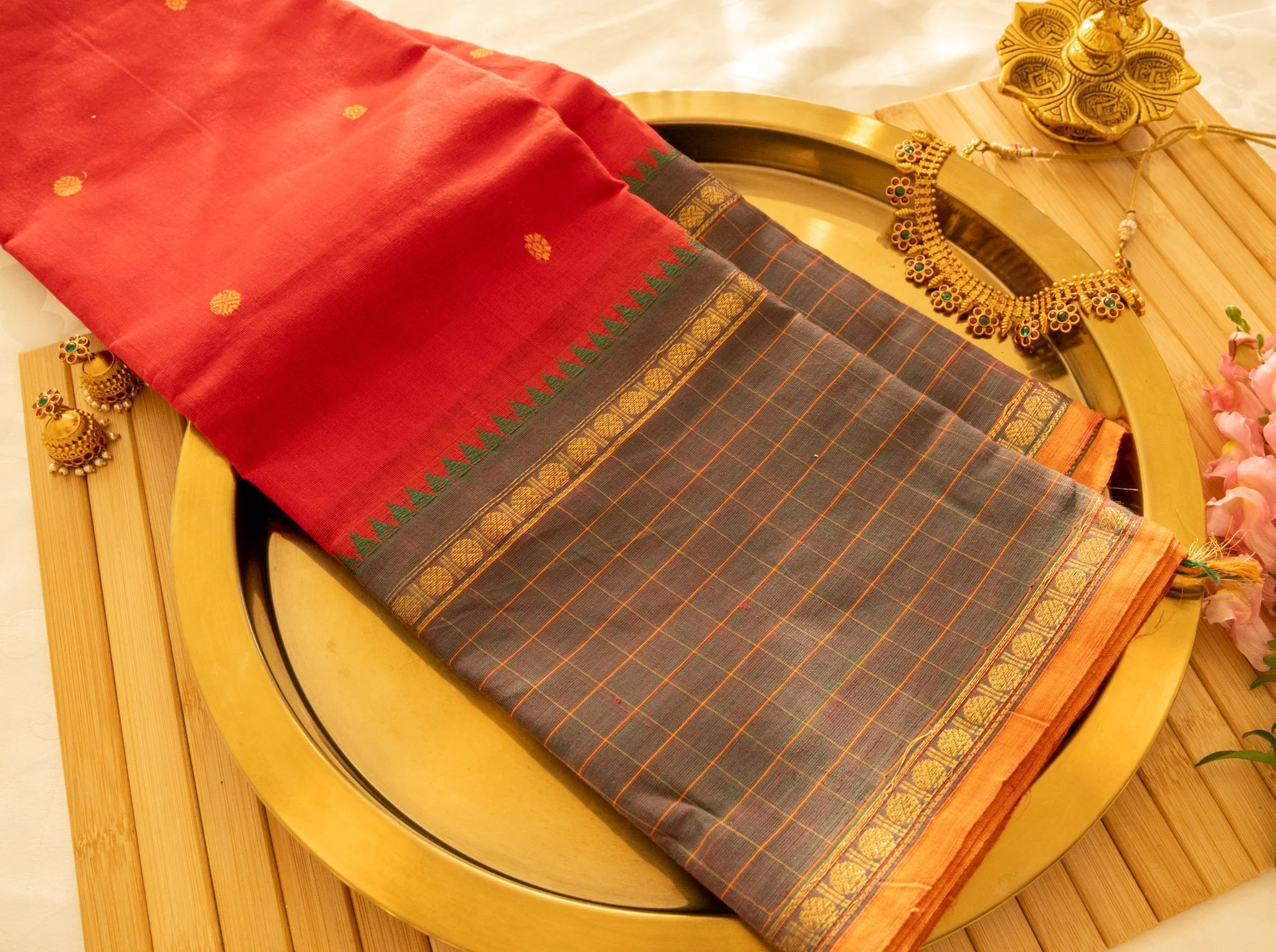 Slate grey with red pallu - Nadhi | The Saree Store