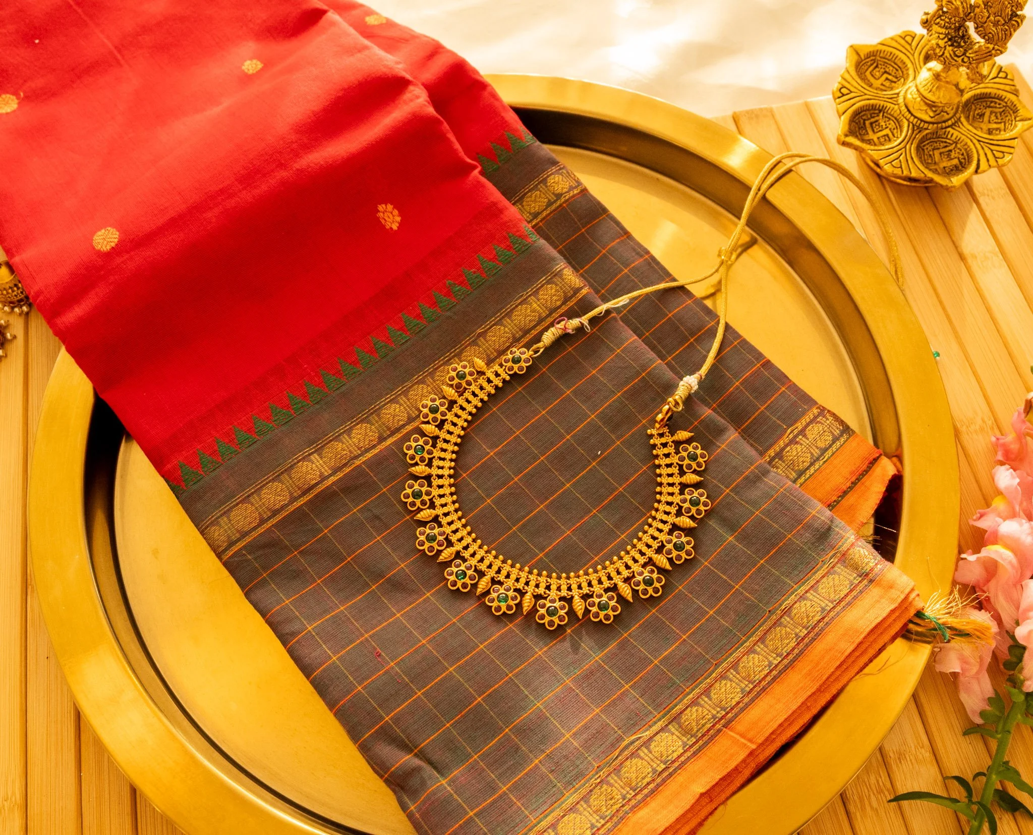 Slate grey with red pallu - Nadhi | The Saree Store