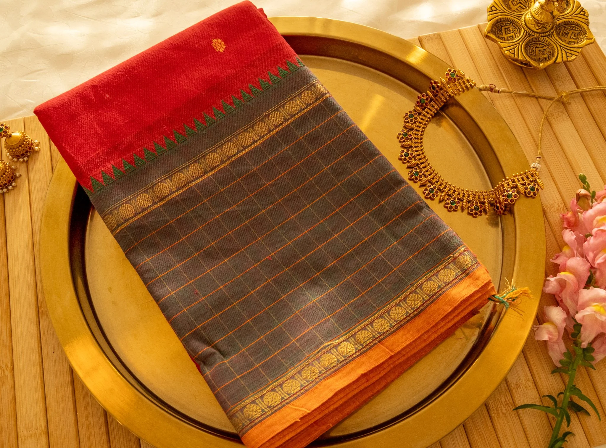 Slate grey with red pallu - Nadhi | The Saree Store