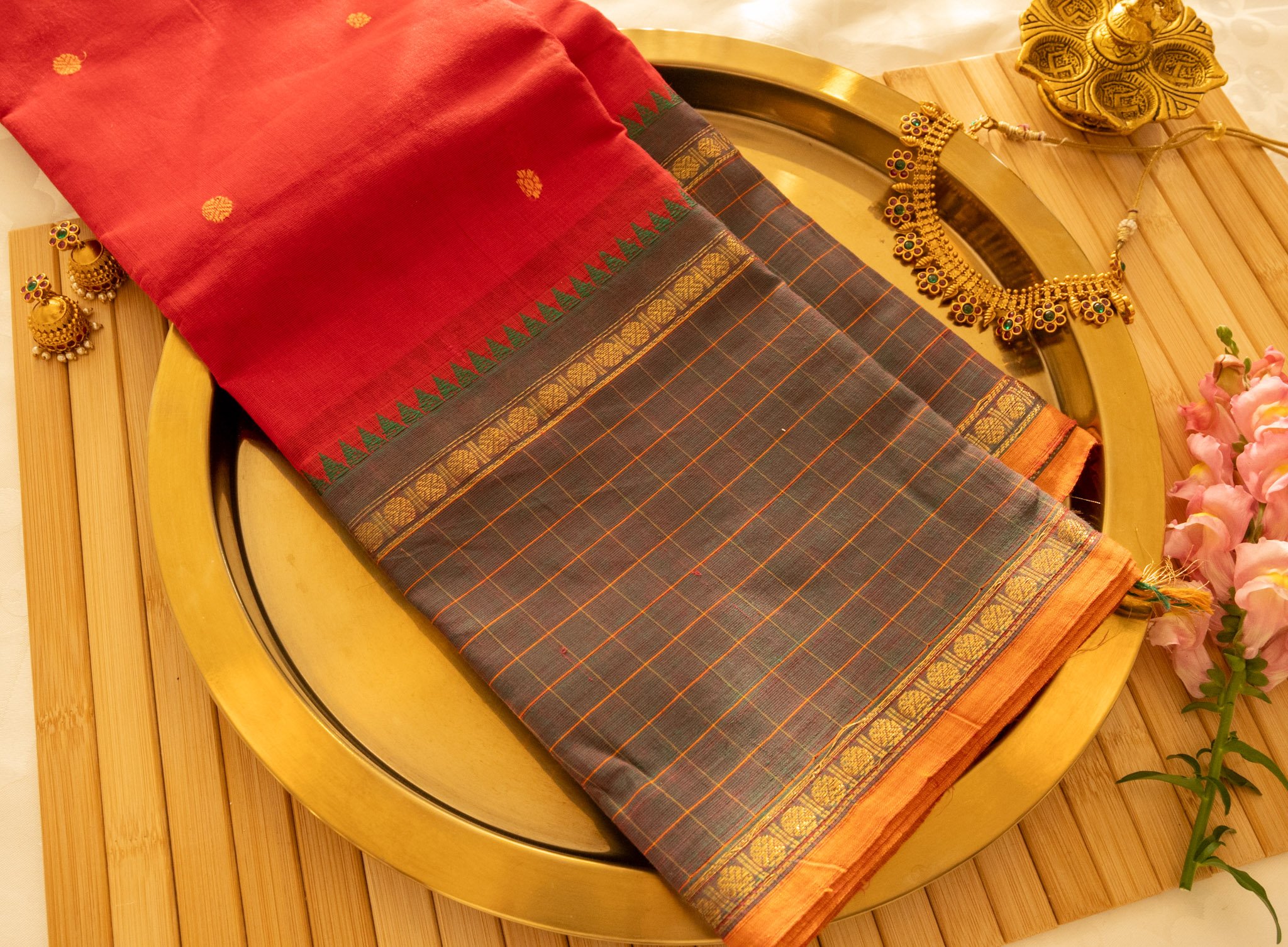 Slate grey with red pallu - Nadhi | The Saree Store