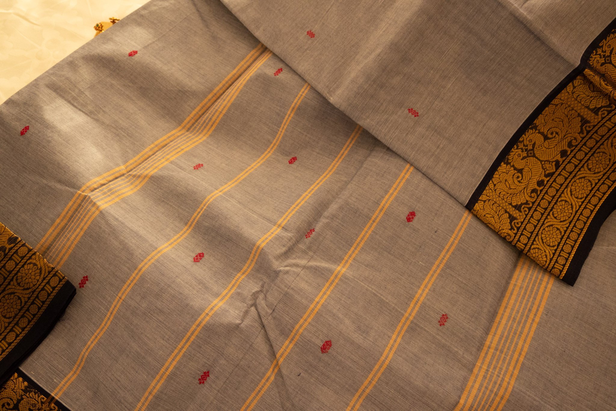 Mid grey with black border - Nadhi | The Saree Store