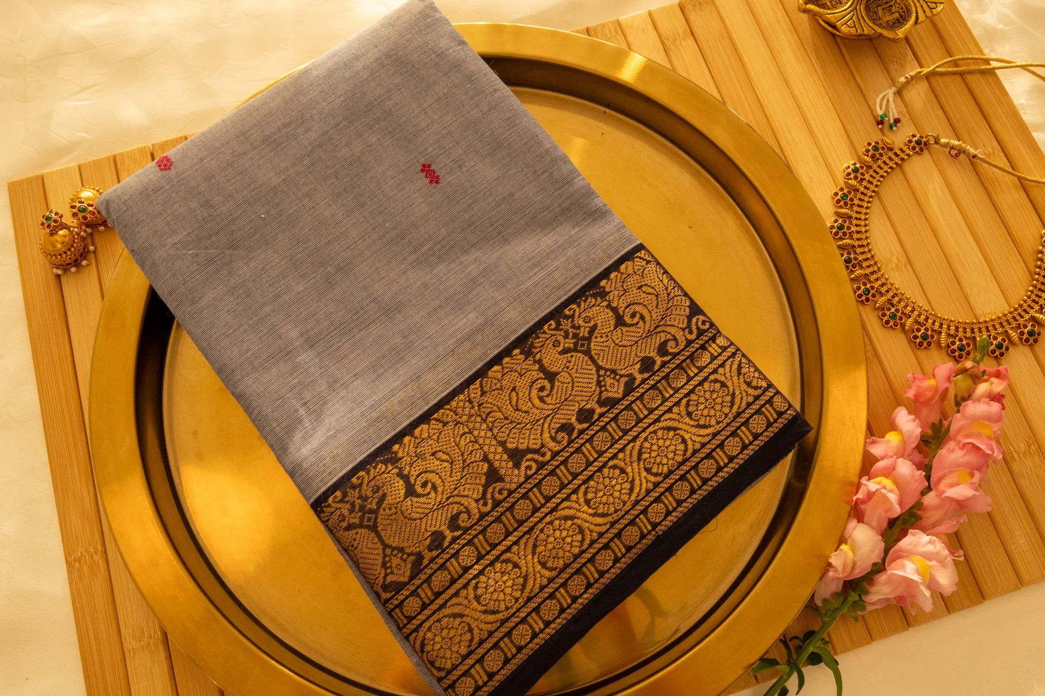 Mid grey with black border - Nadhi | The Saree Store
