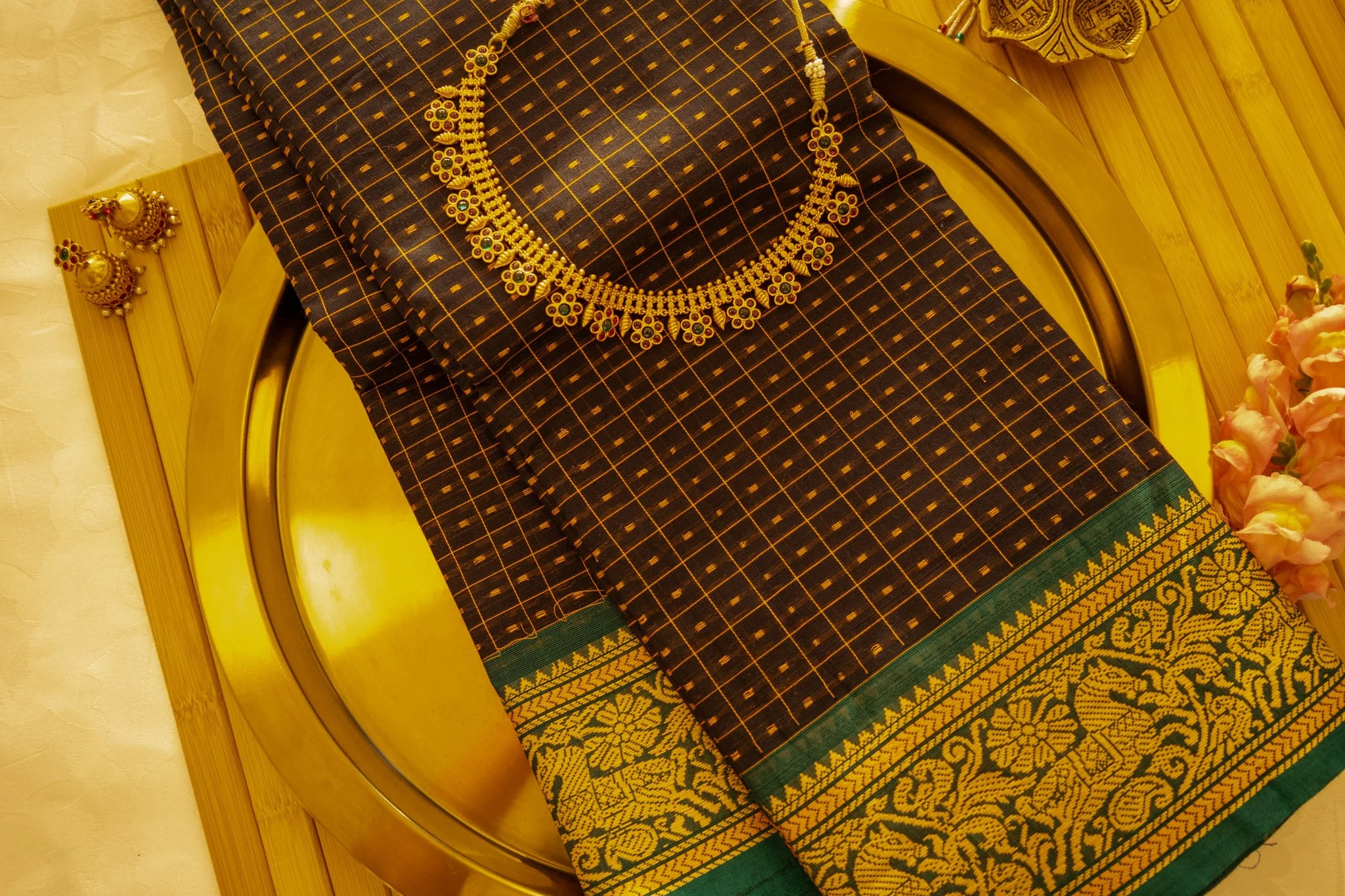 Aztec black with green border - Nadhi | The Saree Store