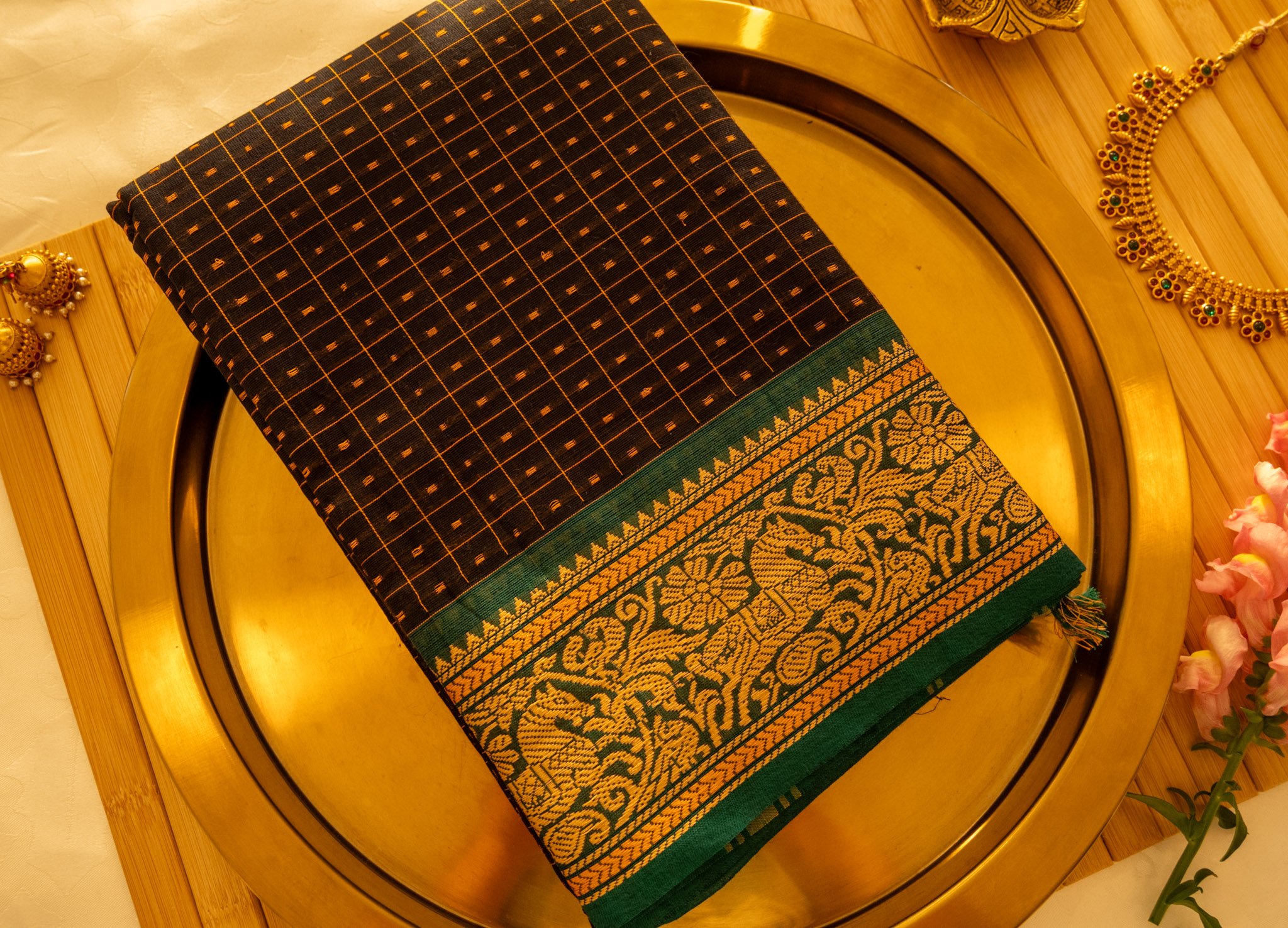 Aztec black with green border - Nadhi | The Saree Store