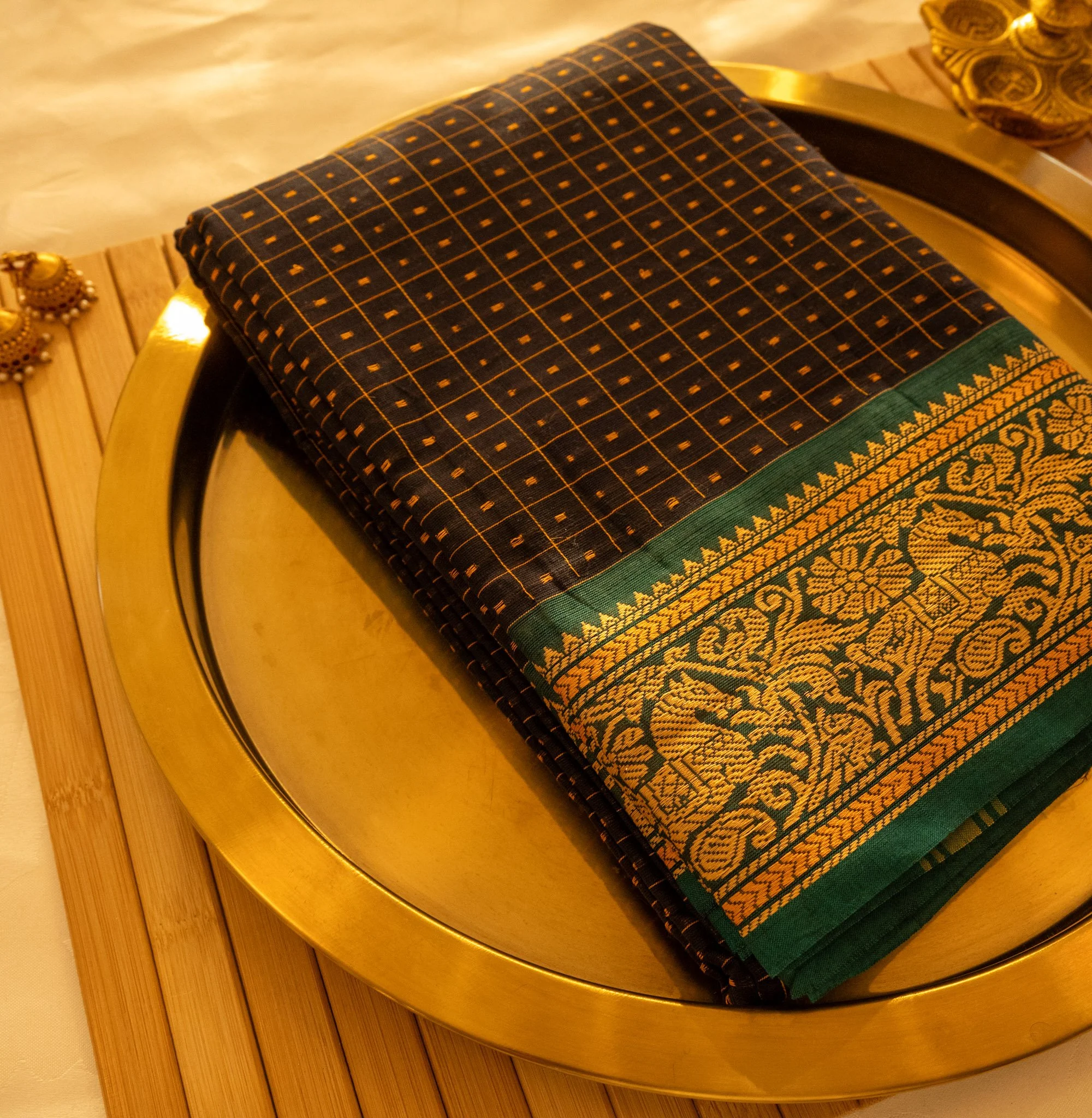 Aztec black with green border - Nadhi | The Saree Store
