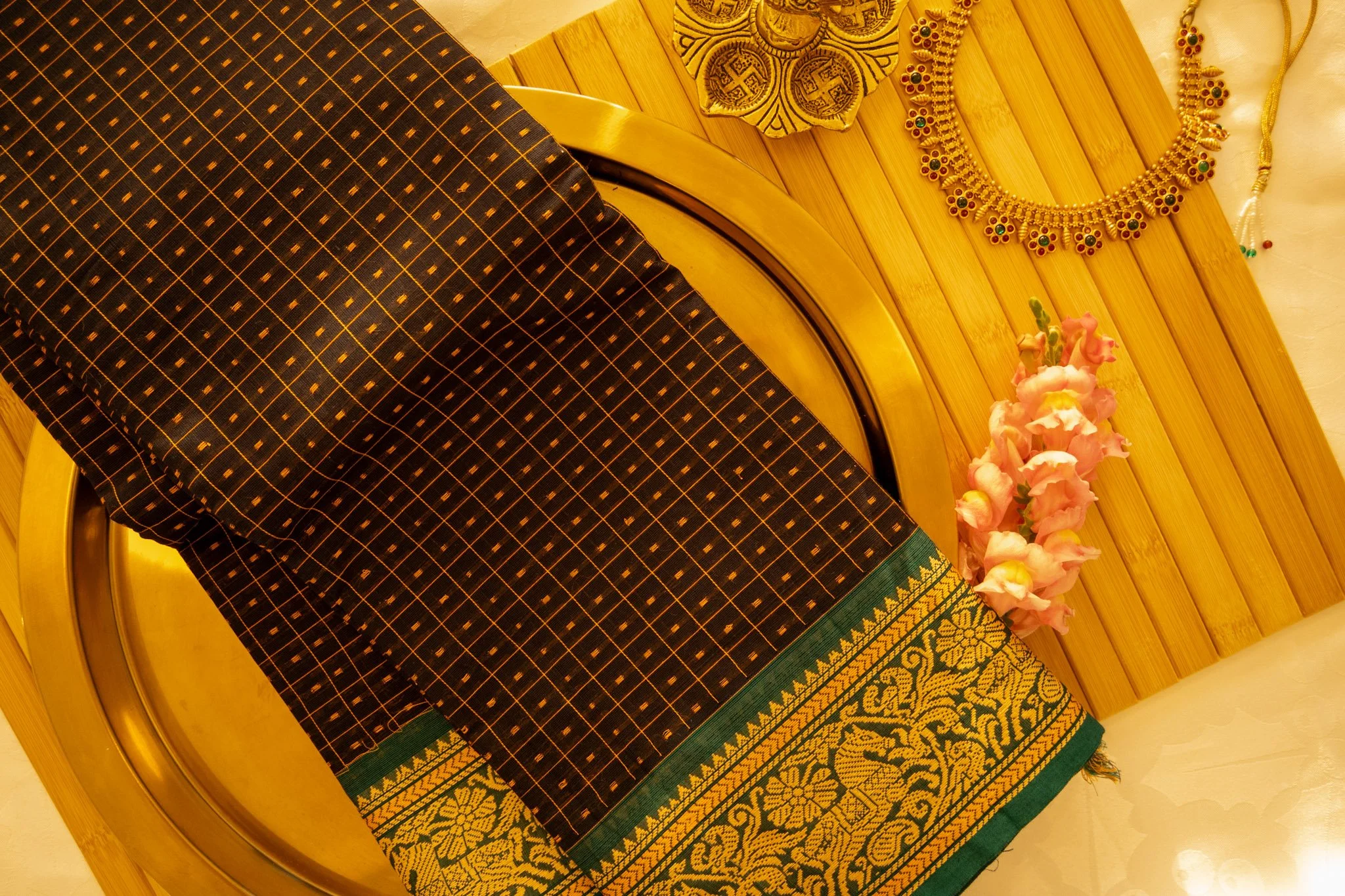 Aztec black with green border - Nadhi | The Saree Store