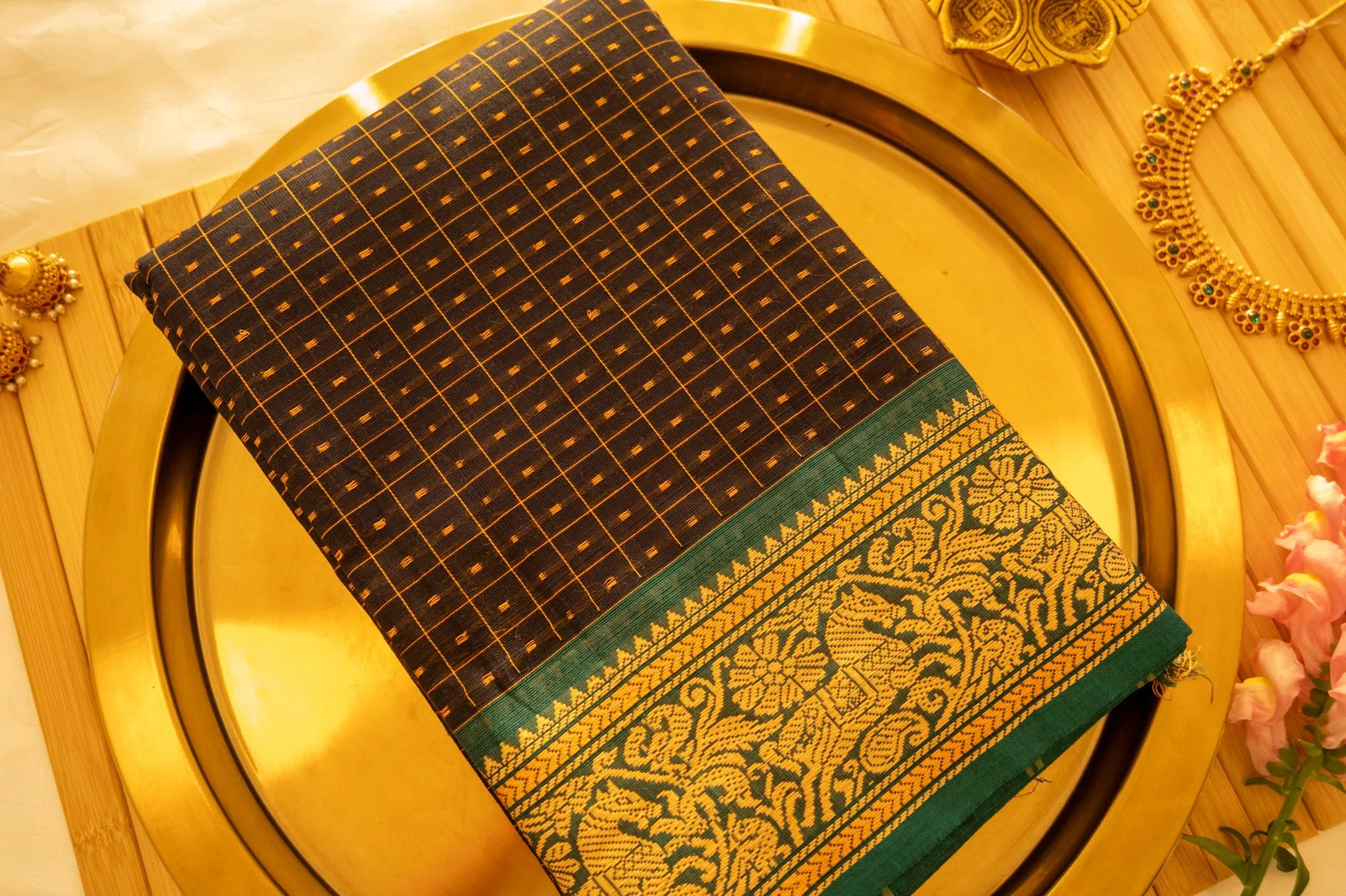 Aztec black with green border - Nadhi | The Saree Store