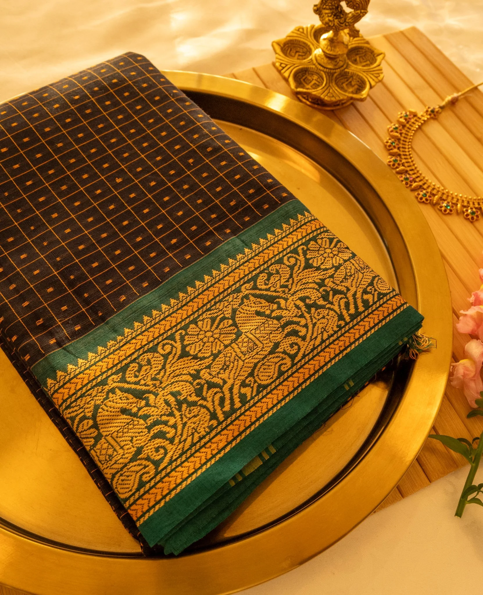 Aztec black with green border - Nadhi | The Saree Store